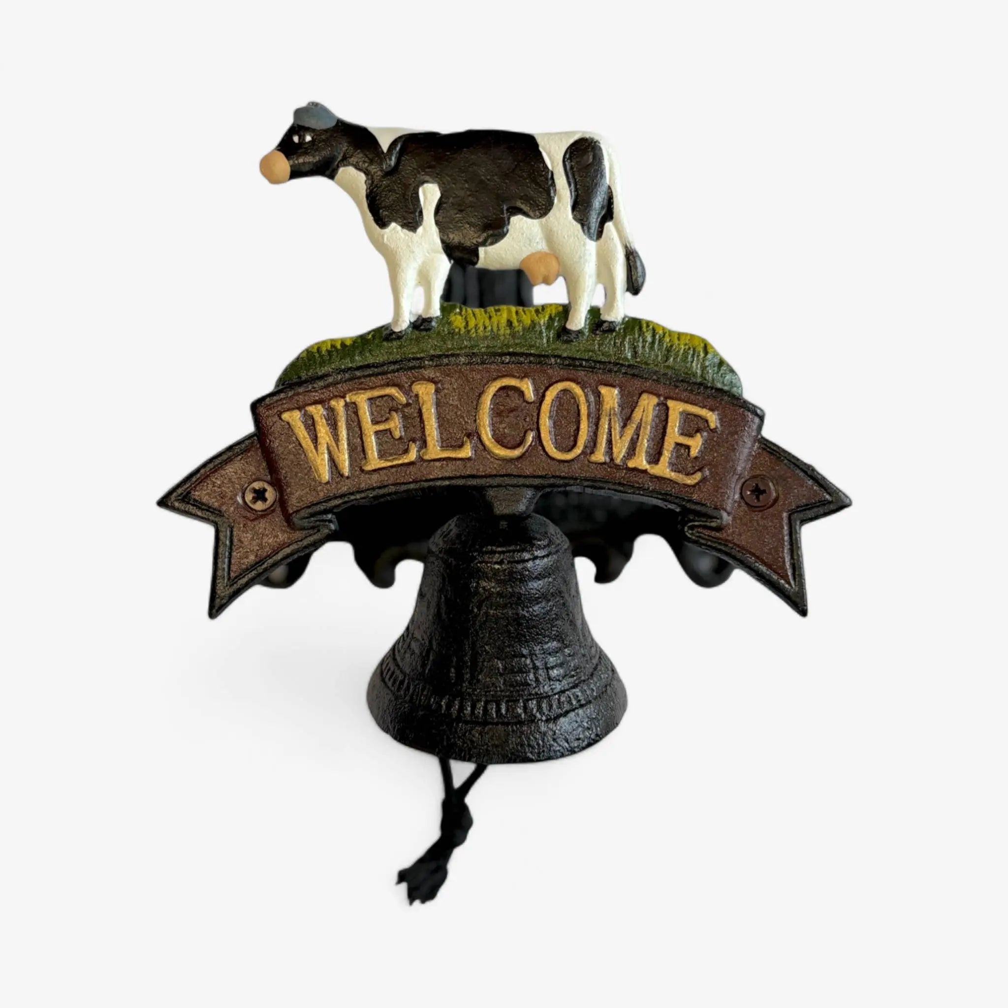 Rustic Cast Iron Cow Welcome Bell Sign – Farmhouse Door Decor Iron & Blossom