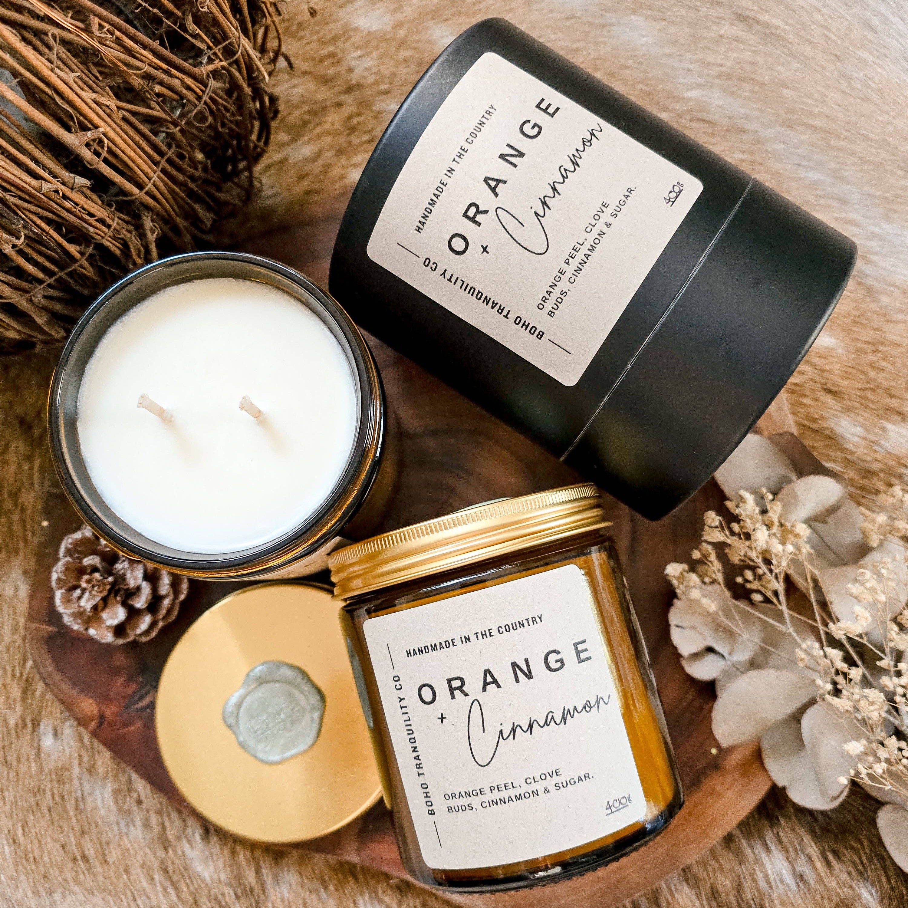 XL AMBER GLASS SCENTED CANDLE - ORANGE & CINNAMON Boho Tranquility Co