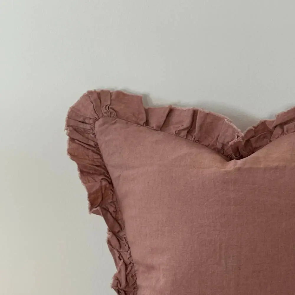Hallie Dusty Pink Linen Ruffle Cushion Cover – 65 × 65 cm