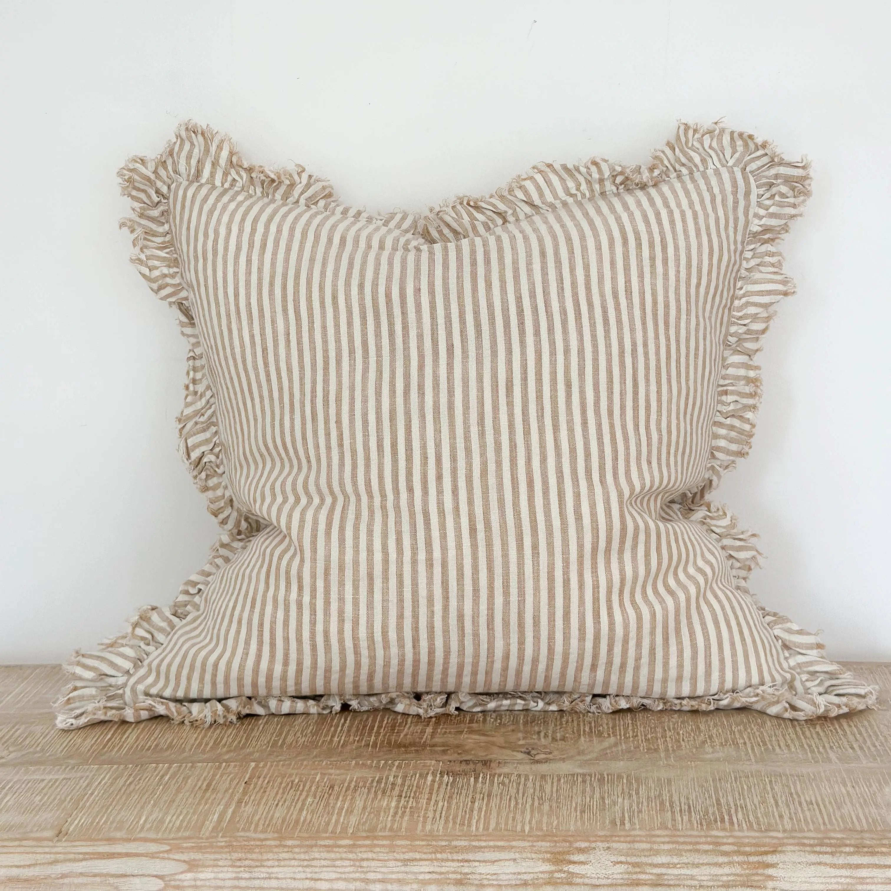 Hallie Ruffle Linen Cushion Cover – Light Brown Stripe : 45 x 45 cm Ellenvale Trade