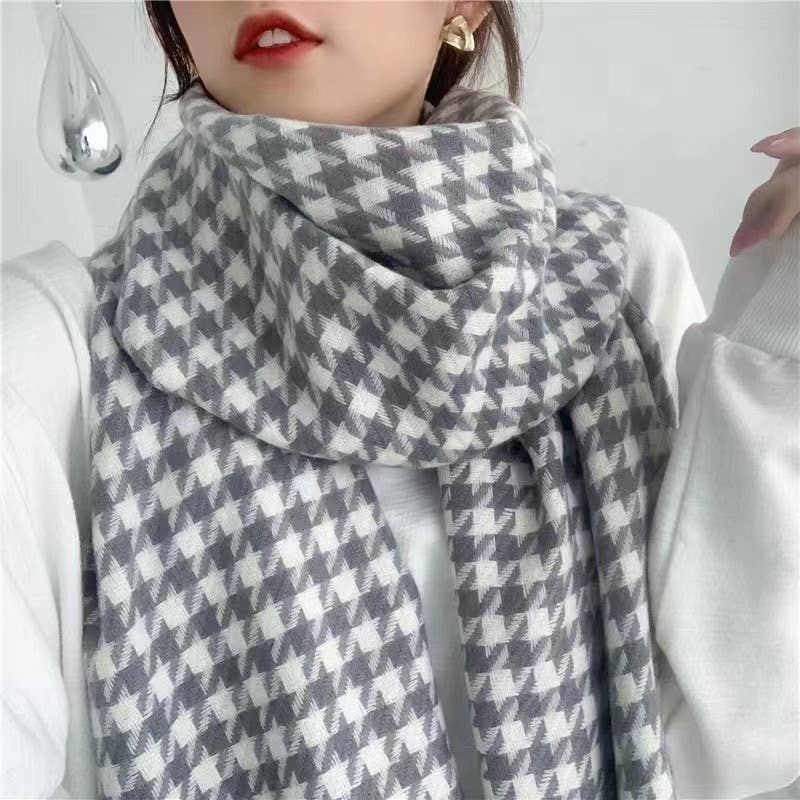 Small Narrow Houndstooth Scarf - Grey (200 x 45cm)