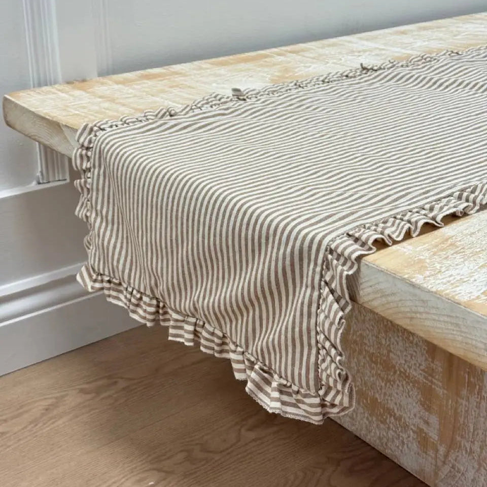 Brown Stripe Ruffle Table Runner - 230 x 35cm