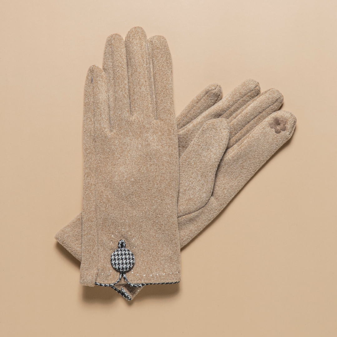 Houndstooth Button Border Touchscreen Gloves – Camel Beige