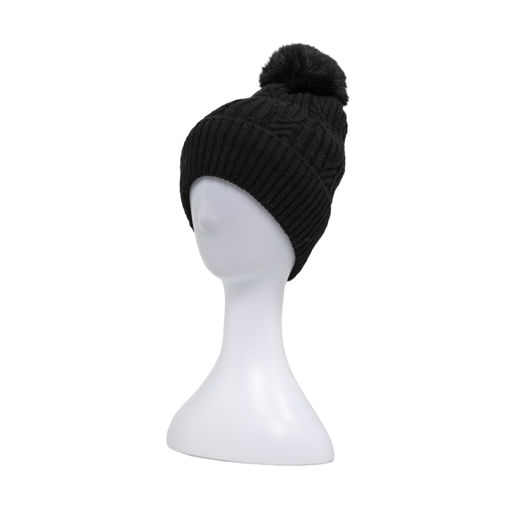 Braided Twist Pompom Beanie – Classic Black
