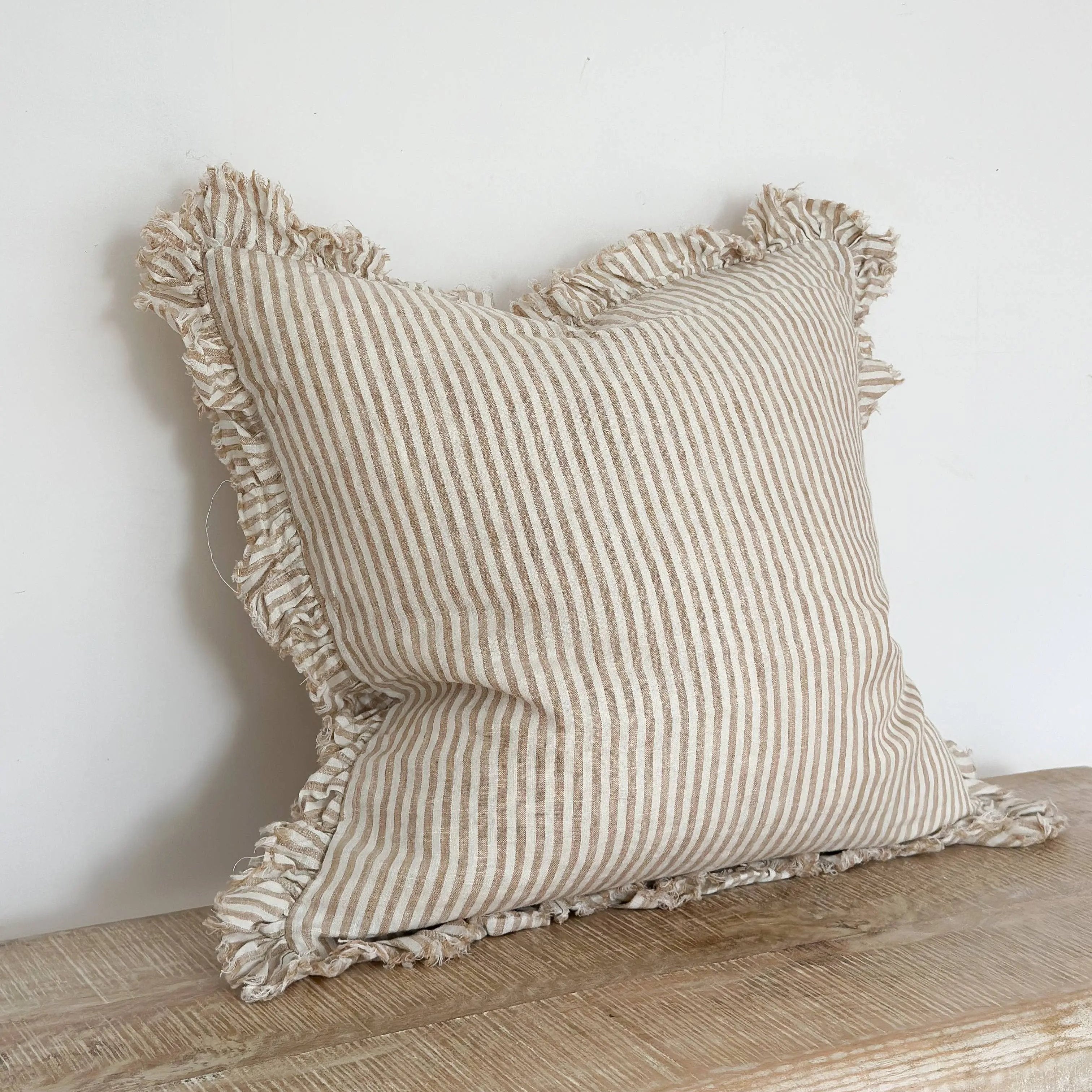 Hallie Ruffle Linen Cushion Cover – Light Brown Stripe : 45 x 45 cm Ellenvale Trade