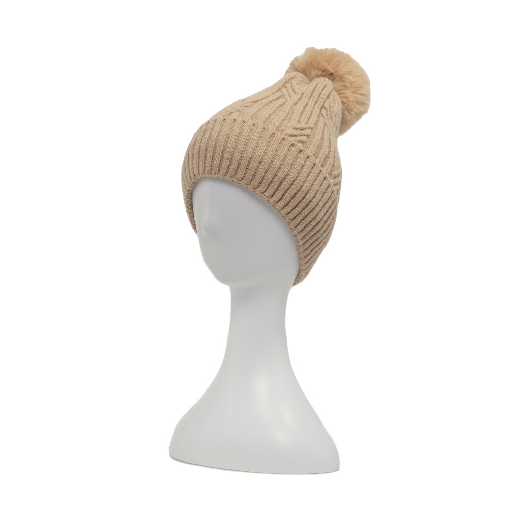 Braided Twist Pompom Beanie – Camel Beige