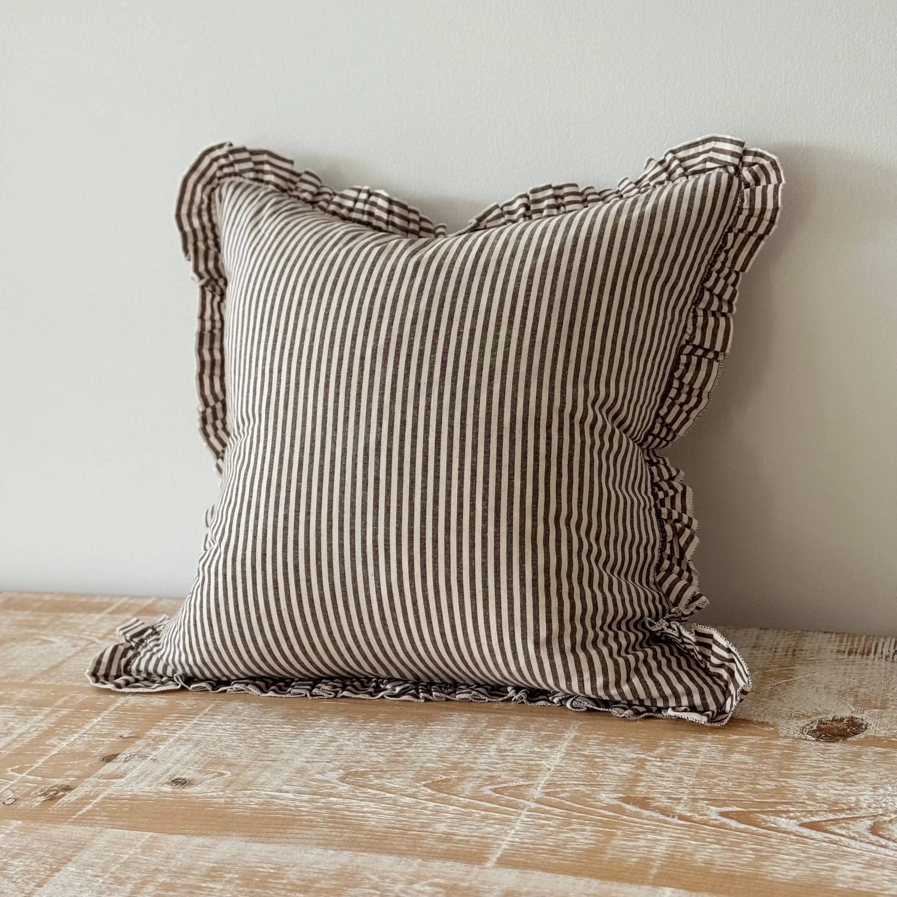 Darcy Ruffle Cotton Cushion Cover 45x45 - Dark Brown Stripe Ellenvale Trade