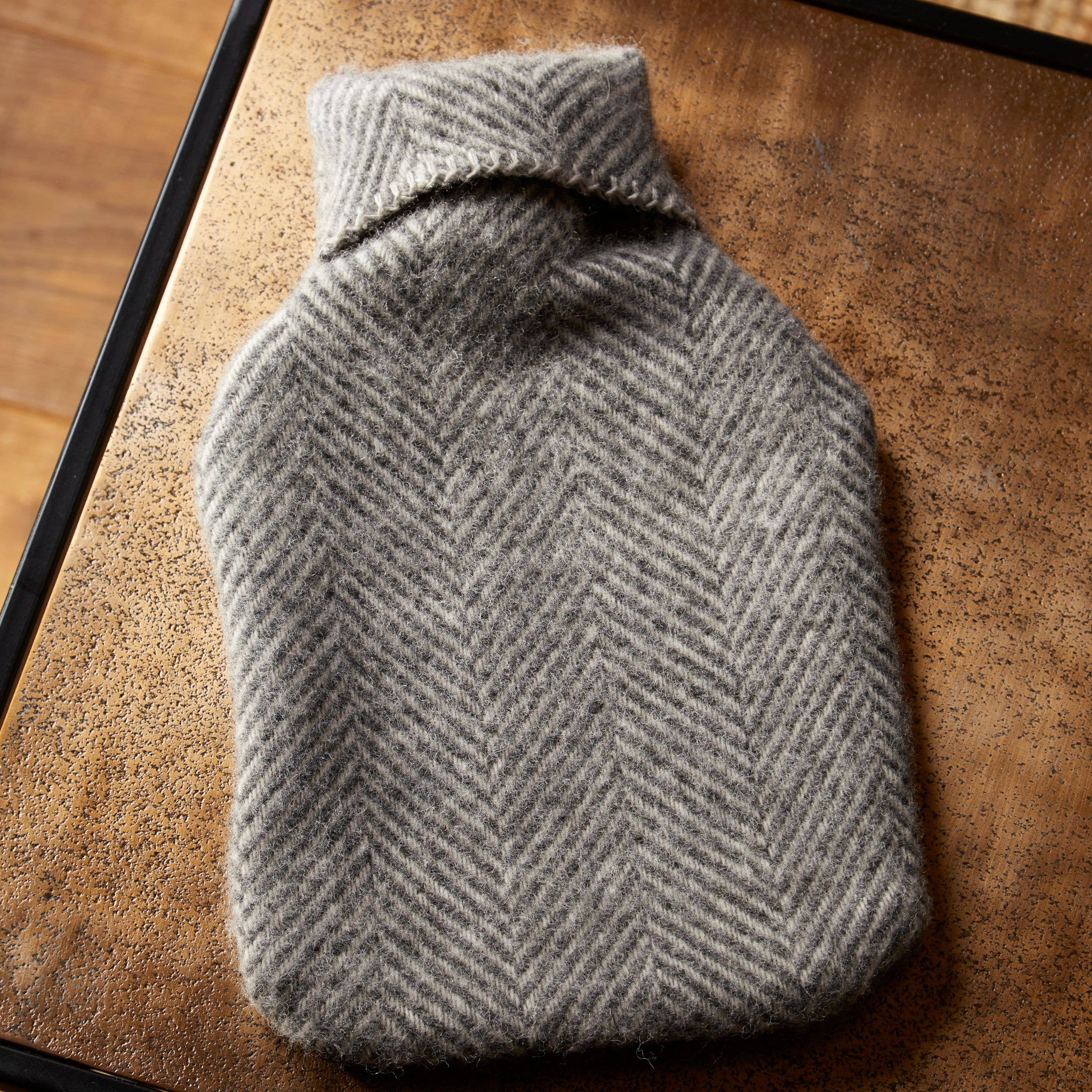 Pure New Wool Hot Water Bottle – Fishbone Slate Grey (Includes Cover & Bottle)