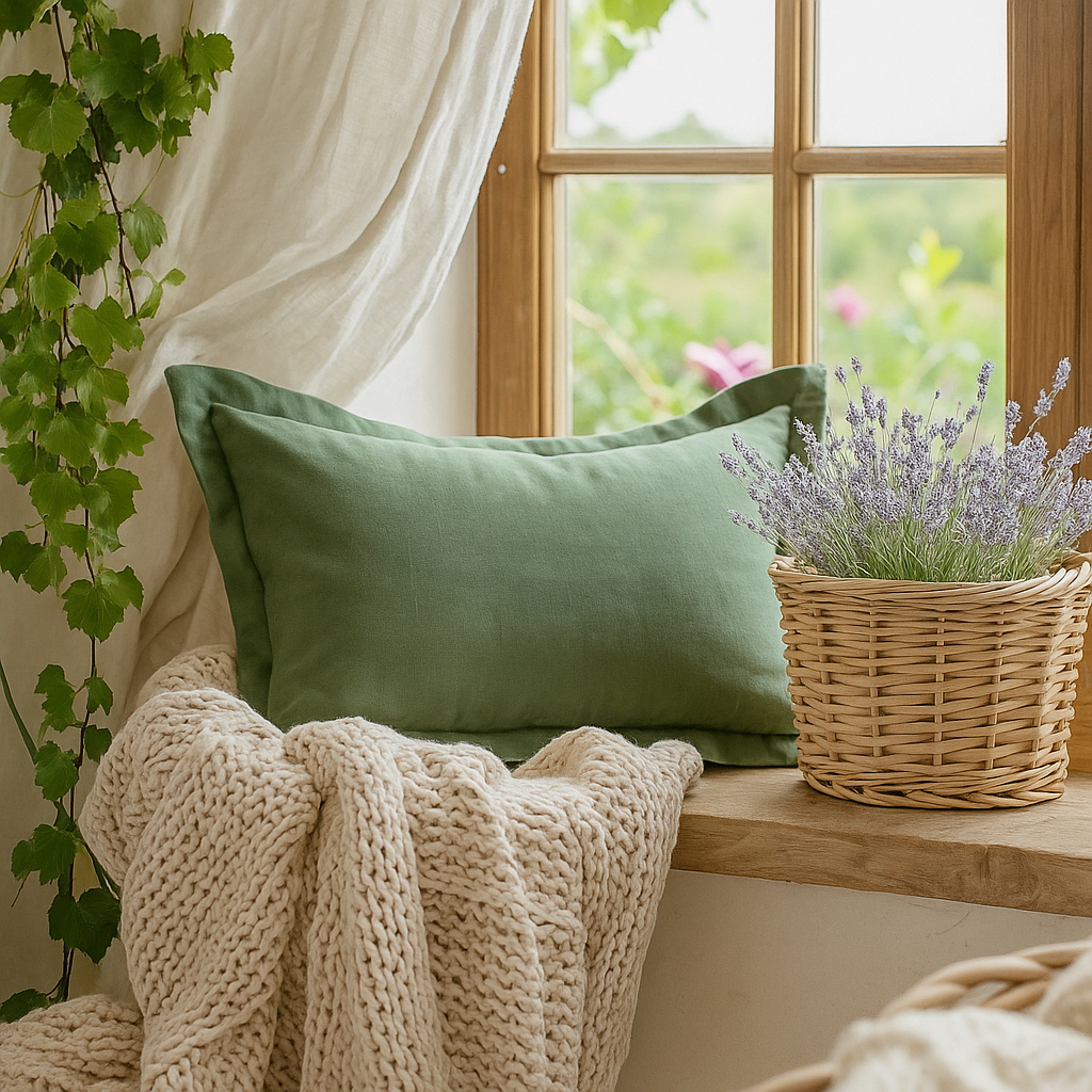Pure French Linen Lumbar Cushion Cover with Flange Detail - Deep Sage Mama and Tochter