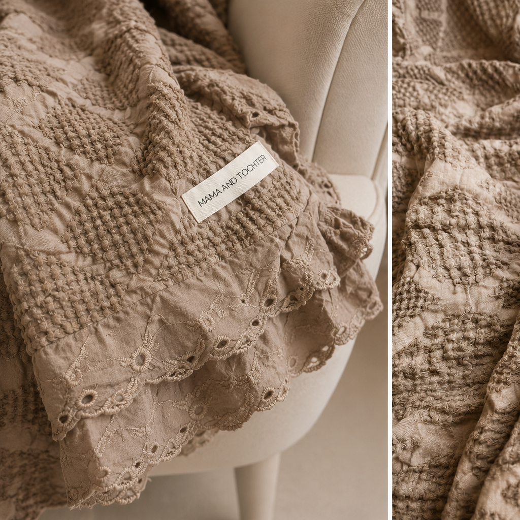Organic Cotton Waffle Textured Ruffle Throw - Milk Chocolate - 150 x 200