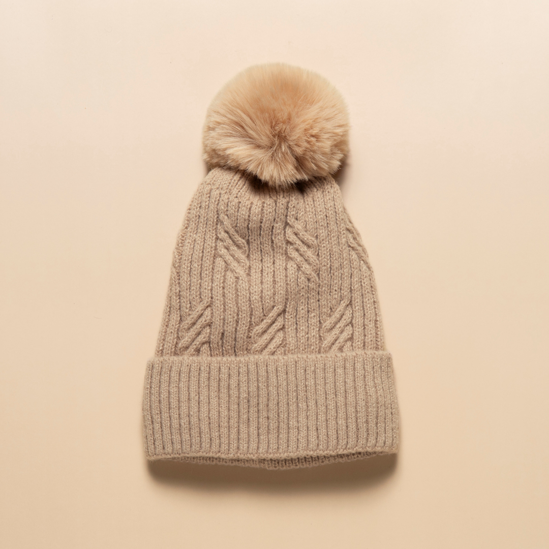 Braided Twist Pompom Beanie – Camel Beige