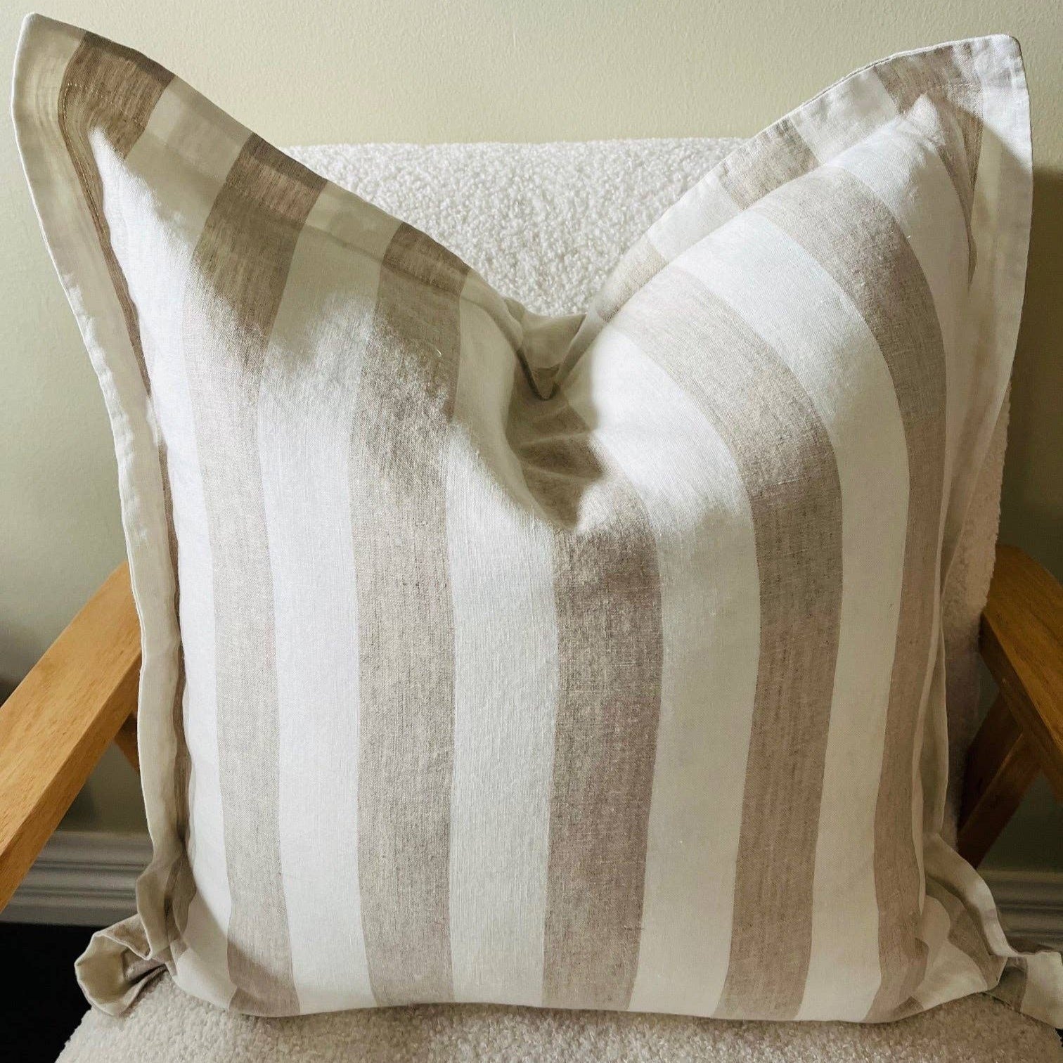 Pure French Linen Cushion Cover with Flange Detail - Natural Wide Stripe Mama and Tochter
