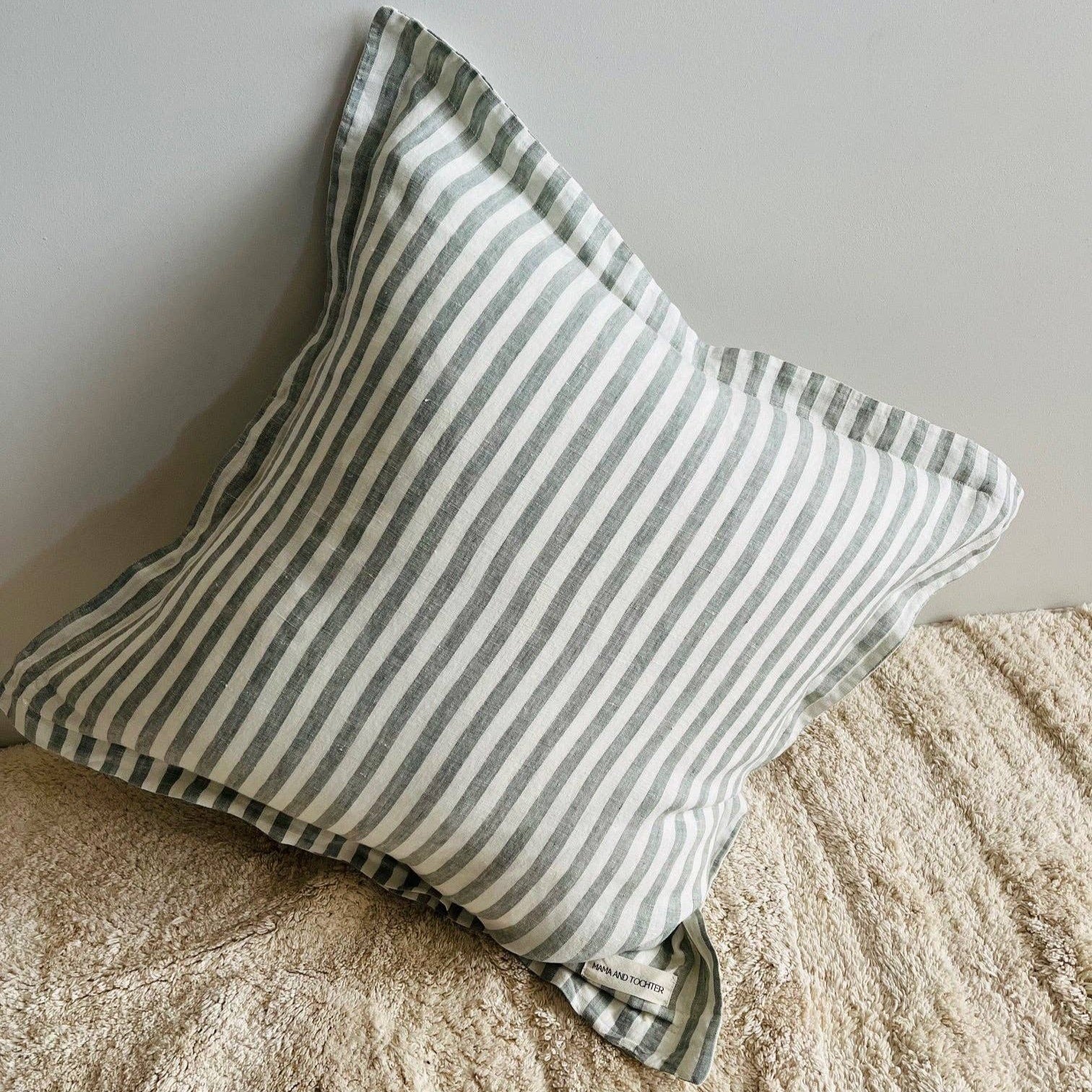 Pure French Linen Cushion Cover with Flange Detail - Sage Stripe Mama and Tochter