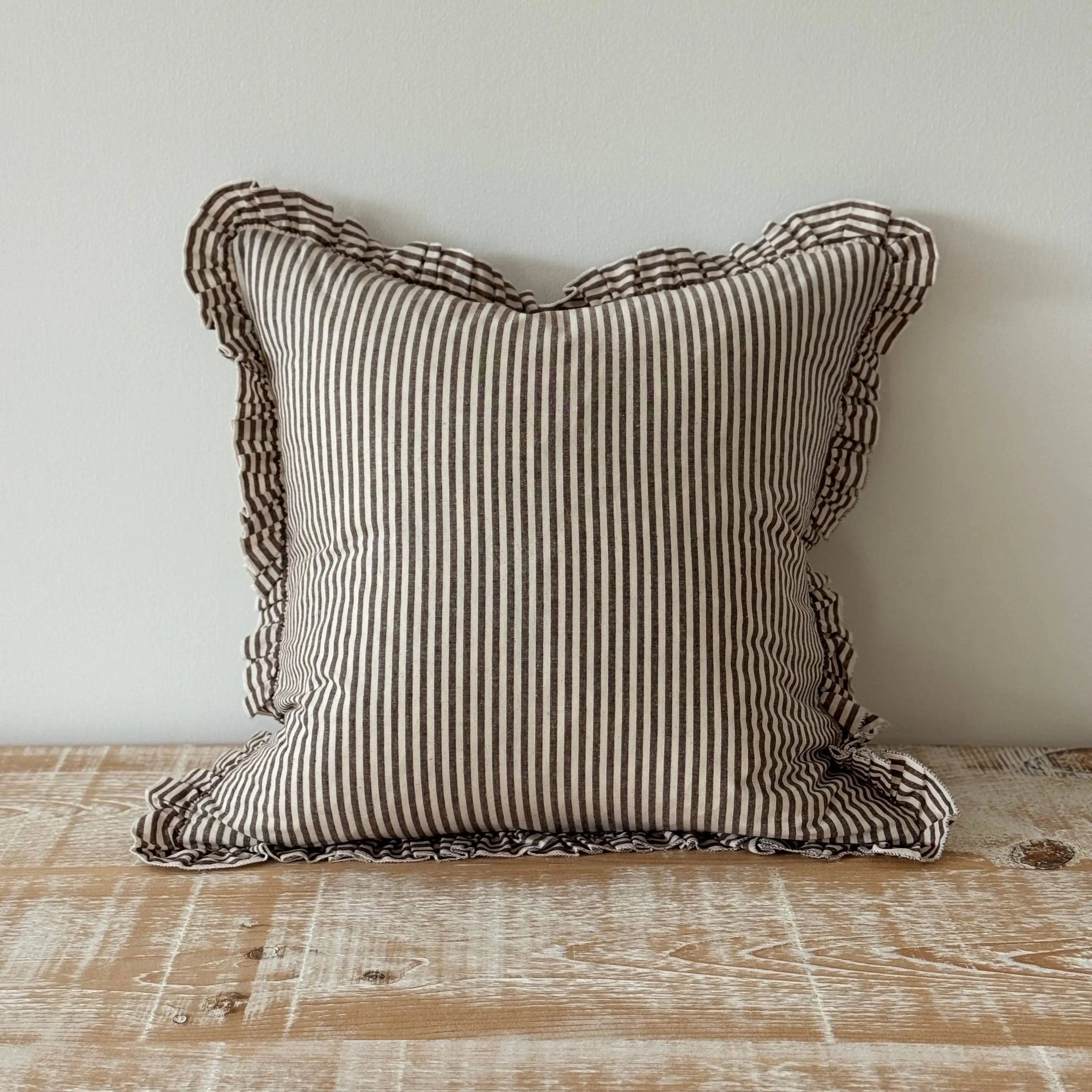 Darcy Ruffle Cotton Cushion Cover 45x45 - Dark Brown Stripe Ellenvale Trade
