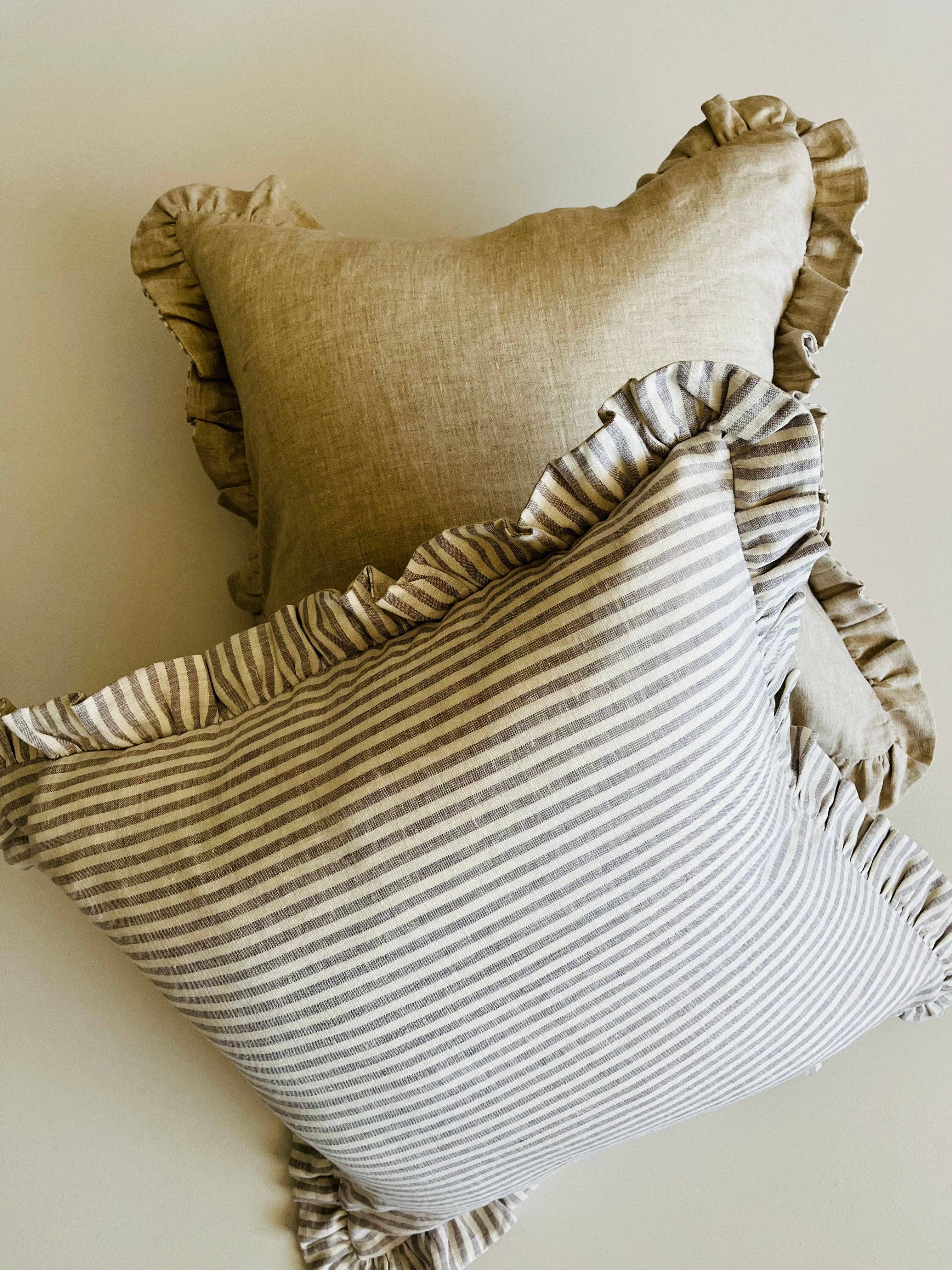 Pure Linen Reversible Ruffle Cushion Cover - Grey Stripe - Natural Mama and Tochter