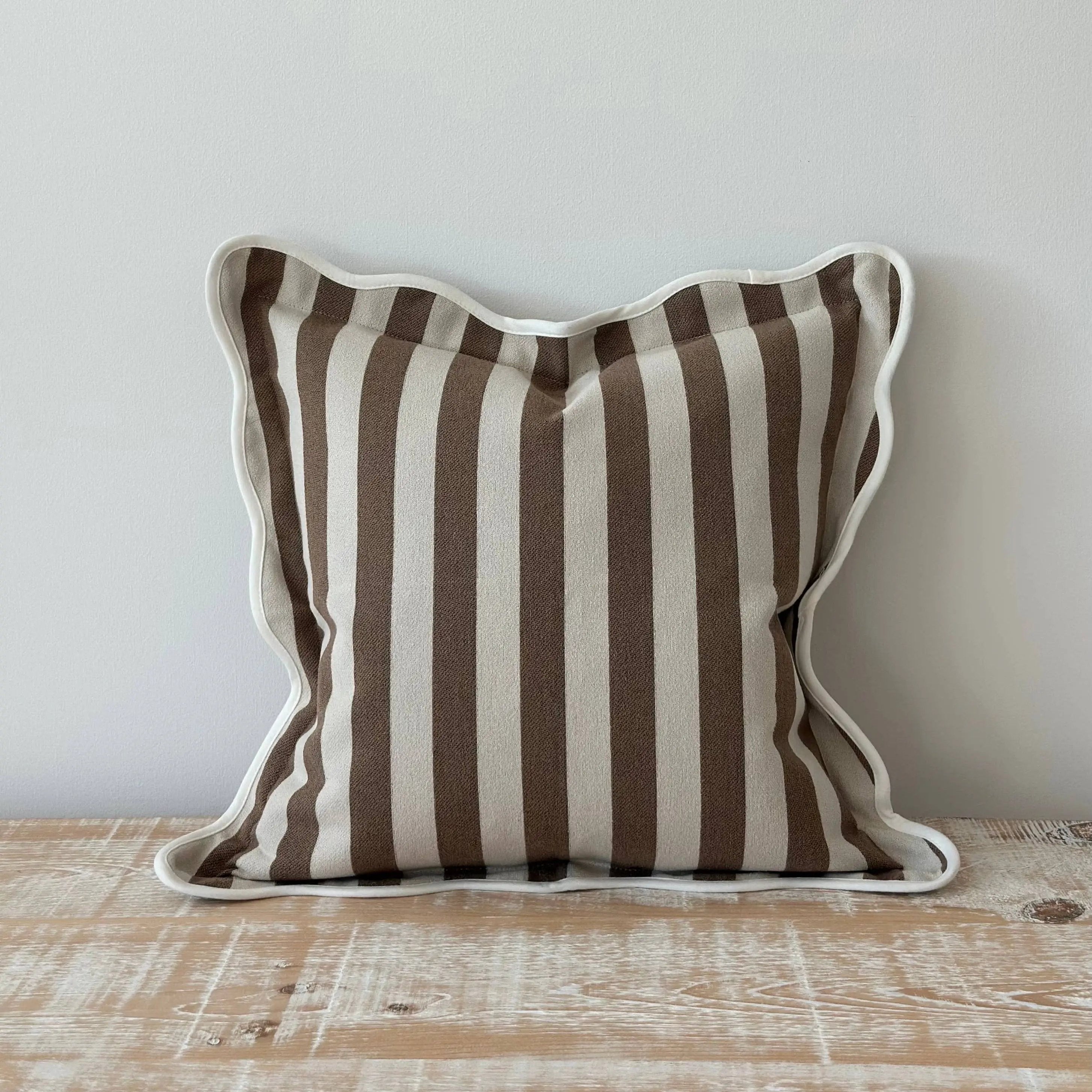 Chloe Brown Stripe Scalloped Edge Cushion Cover Ellenvale Trade