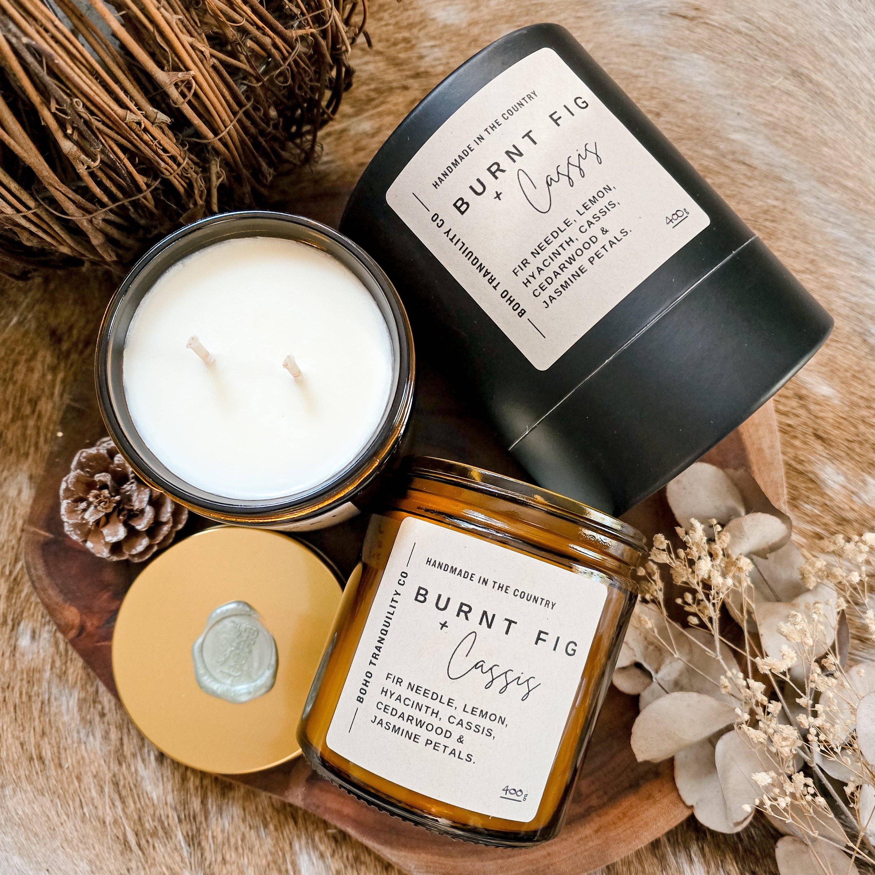 XL AMBER GLASS SCENTED CANDLE - BURNT FIG & CASSIS Boho Tranquility Co