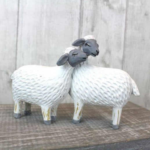 Sheep Double Ornament White Carved Resin With Grey Faces Langs