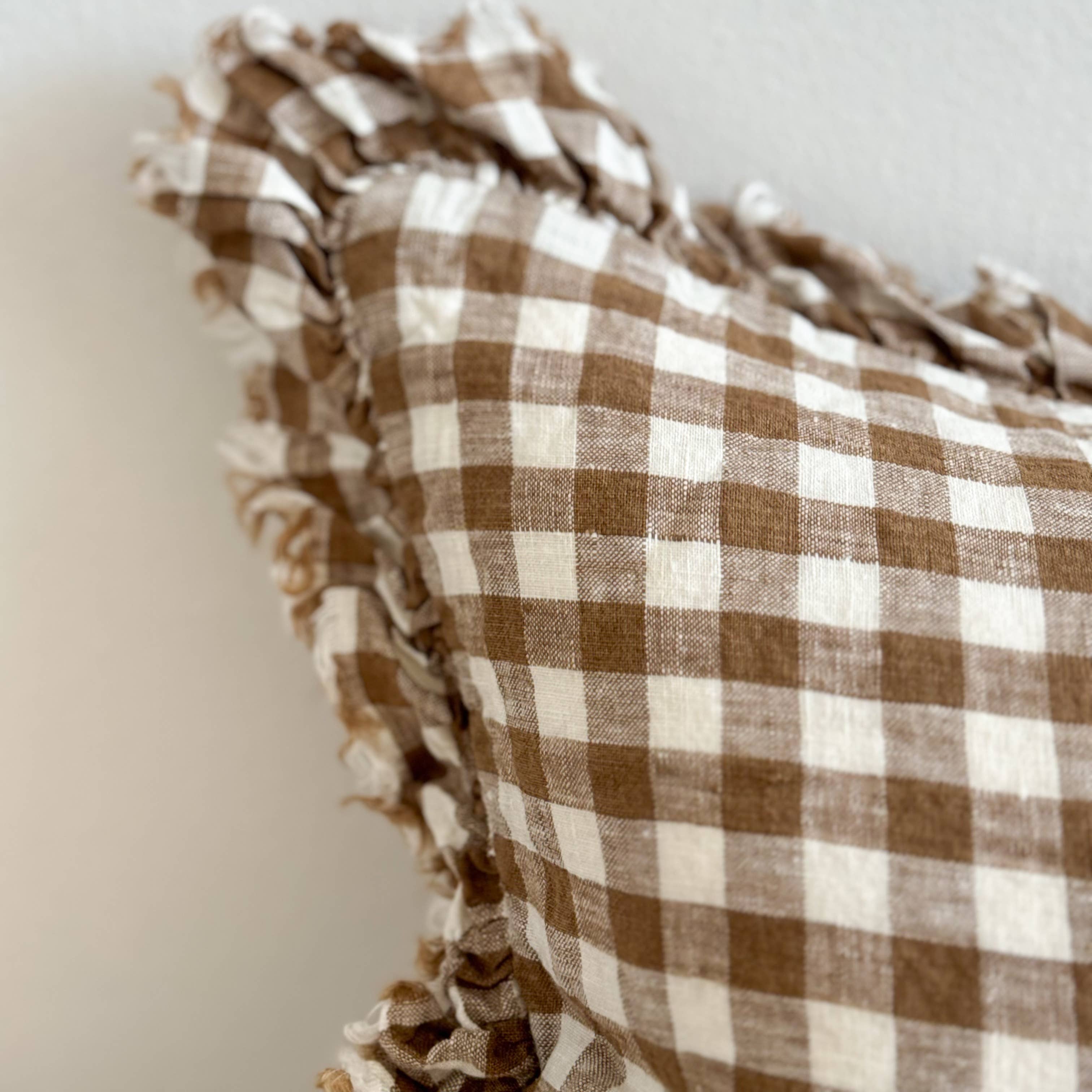 Hallie Ruffled Linen Cushion Cover – Brown Gingham (50 × 30 cm)
