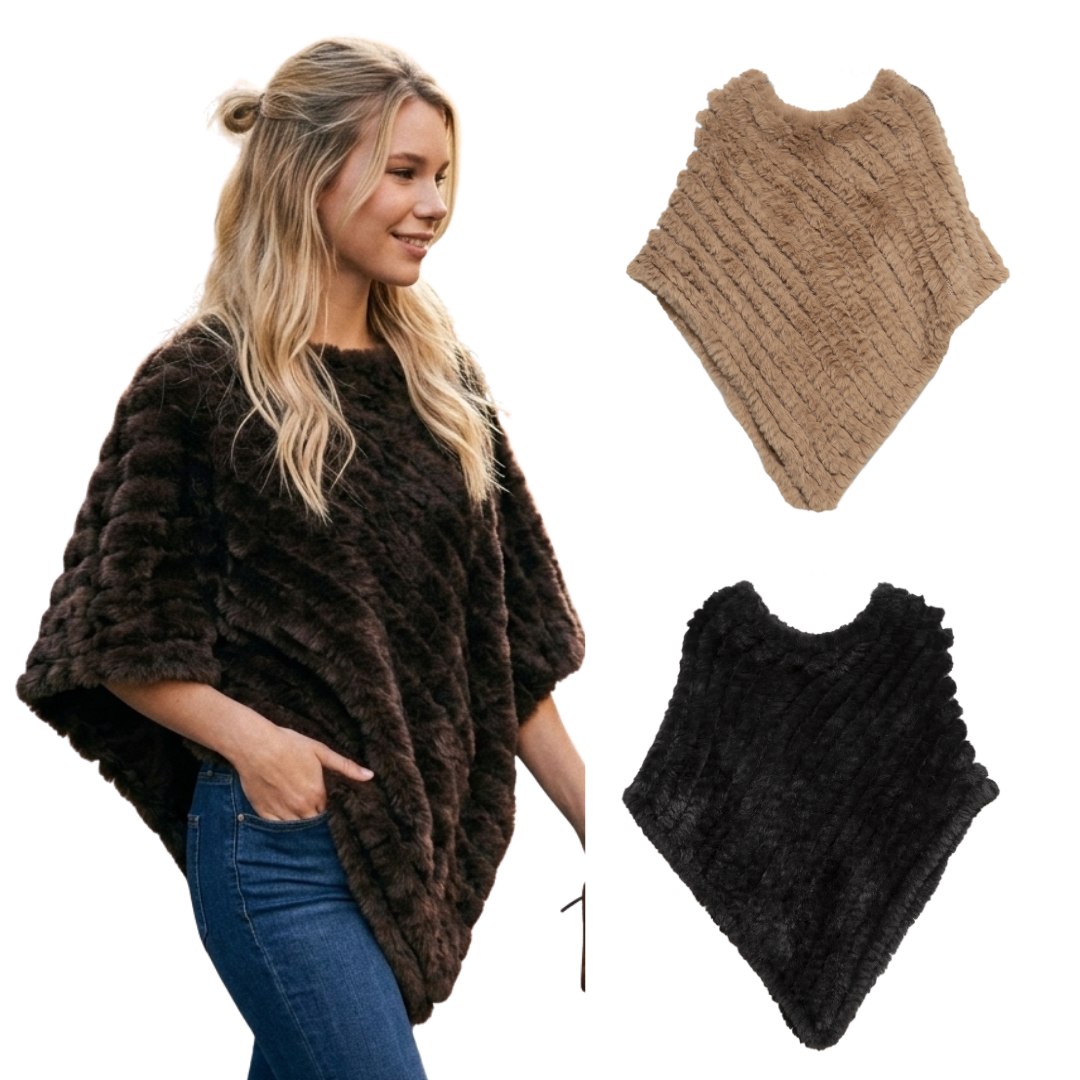 Plush Faux Fur Poncho – Camel, Black or Brown