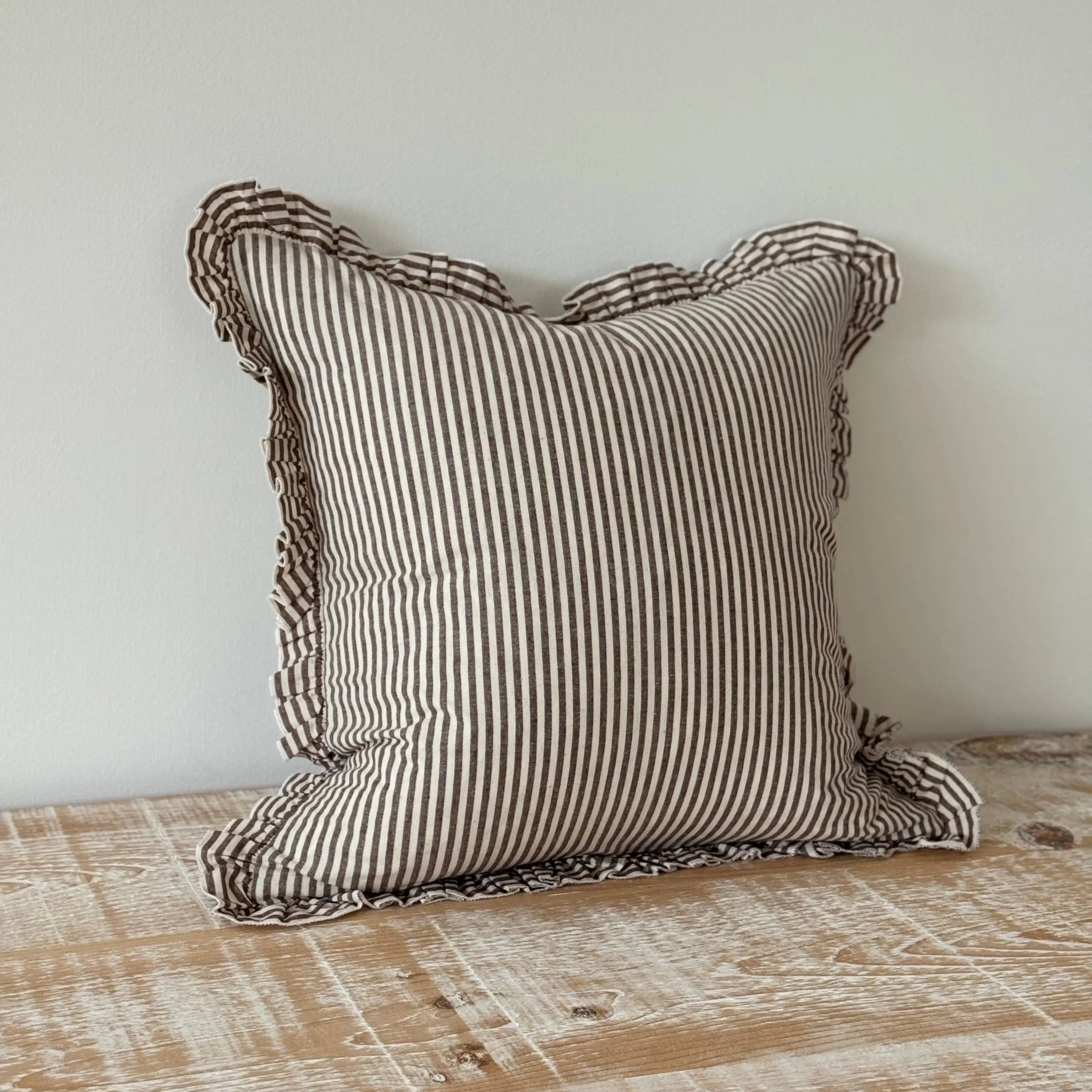 Darcy Ruffle Cotton Cushion Cover 45x45 - Dark Brown Stripe Ellenvale Trade