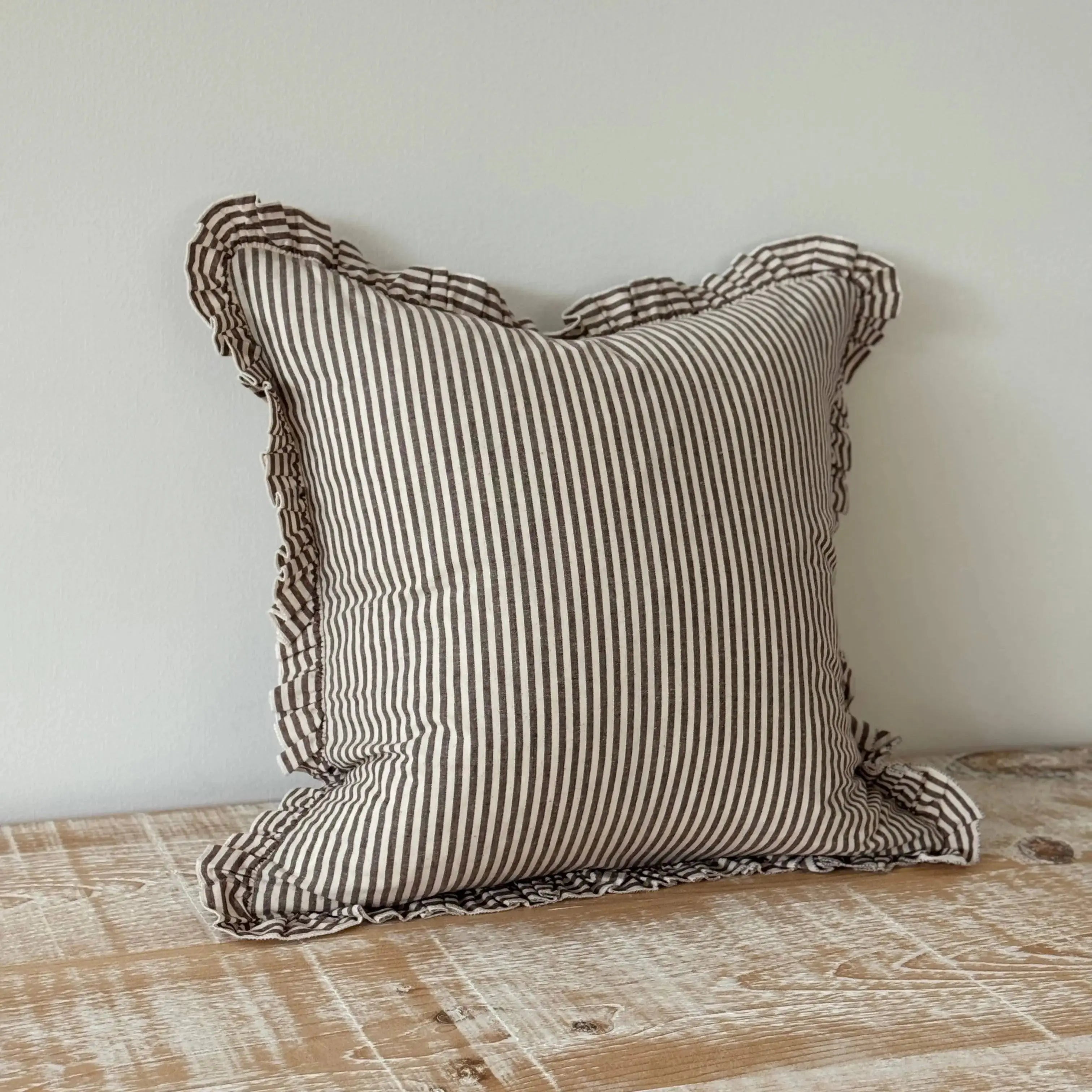 Darcy Ruffle Cotton Cushion Cover 65 x 65 cm – Dark Brown Stripe Ellenvale Trade