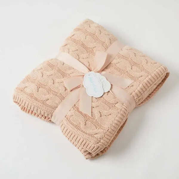 Aurora Cable Knit Baby Blanket – Pink Clay/Cream Jiggle & Giggle