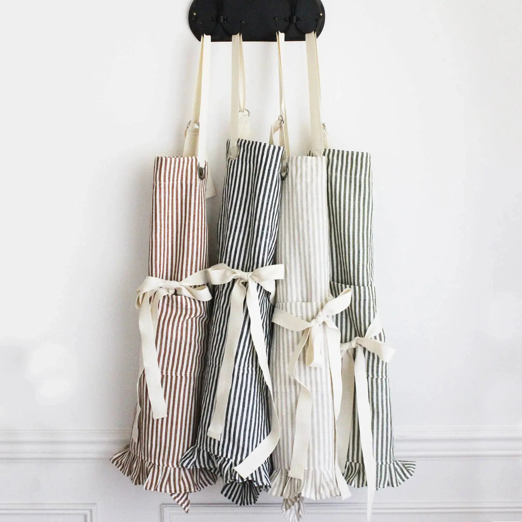 Ruffle Pin Stripe Apron: Green Porter Lane Home