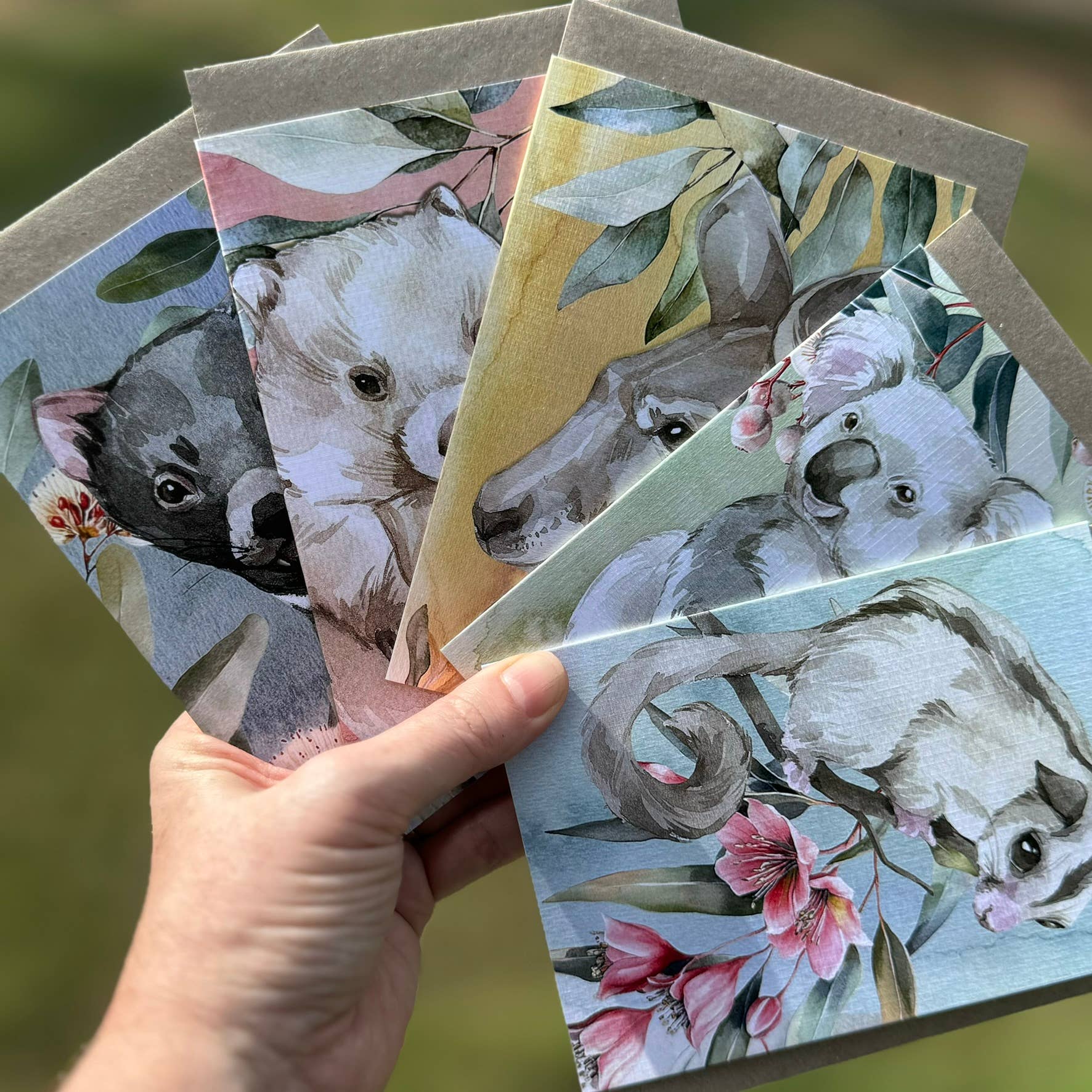Australian Watercolour Sugar Glider on Australian Flora greeting card Scattered Seed Co