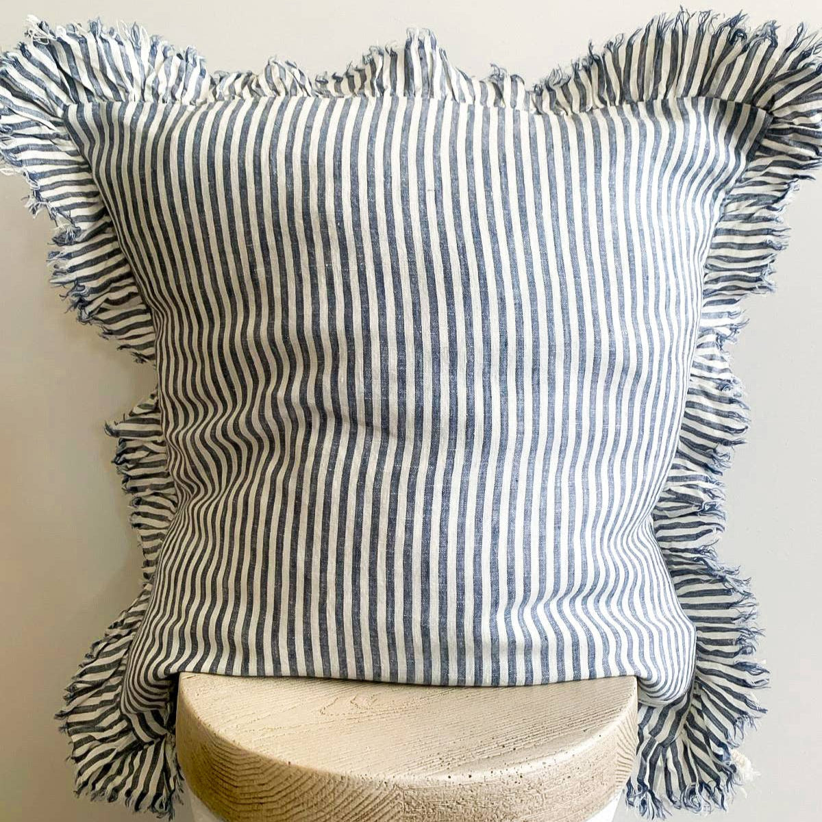 Pure French Linen Frayed Edge Ruffle Cushion - Marine Pinstripes Mama and Tochter