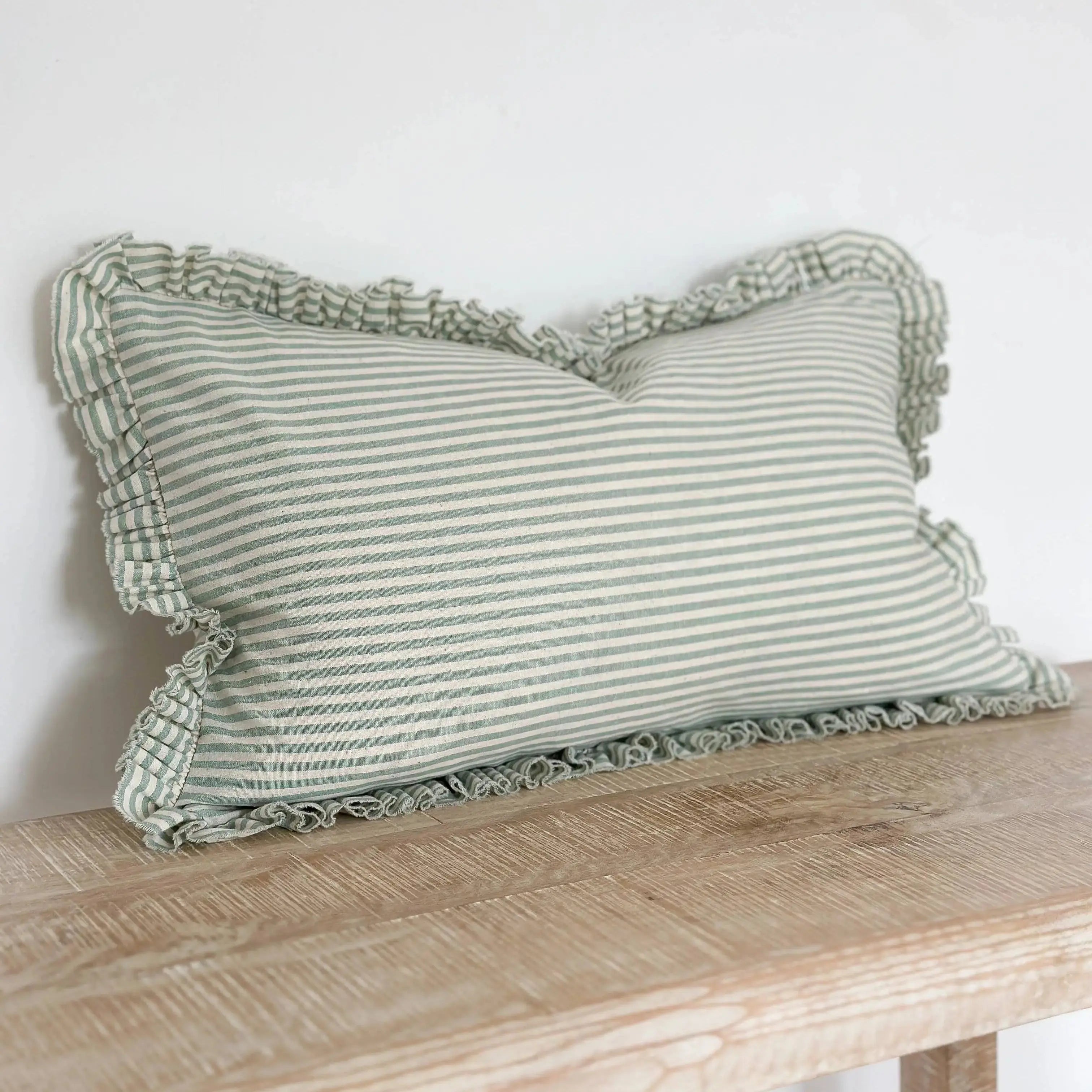 Darcy Ruffle Cotton Cushion Cover 50x30 – Sage Green Stripe Ellenvale Trade