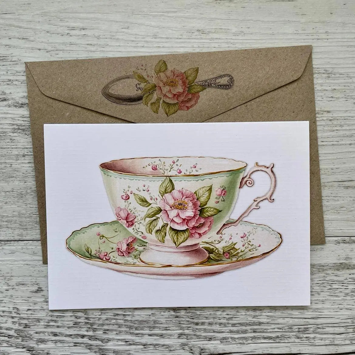 Vintage Teacup blank greeting card - Light Green & Pink Scattered Seed Co