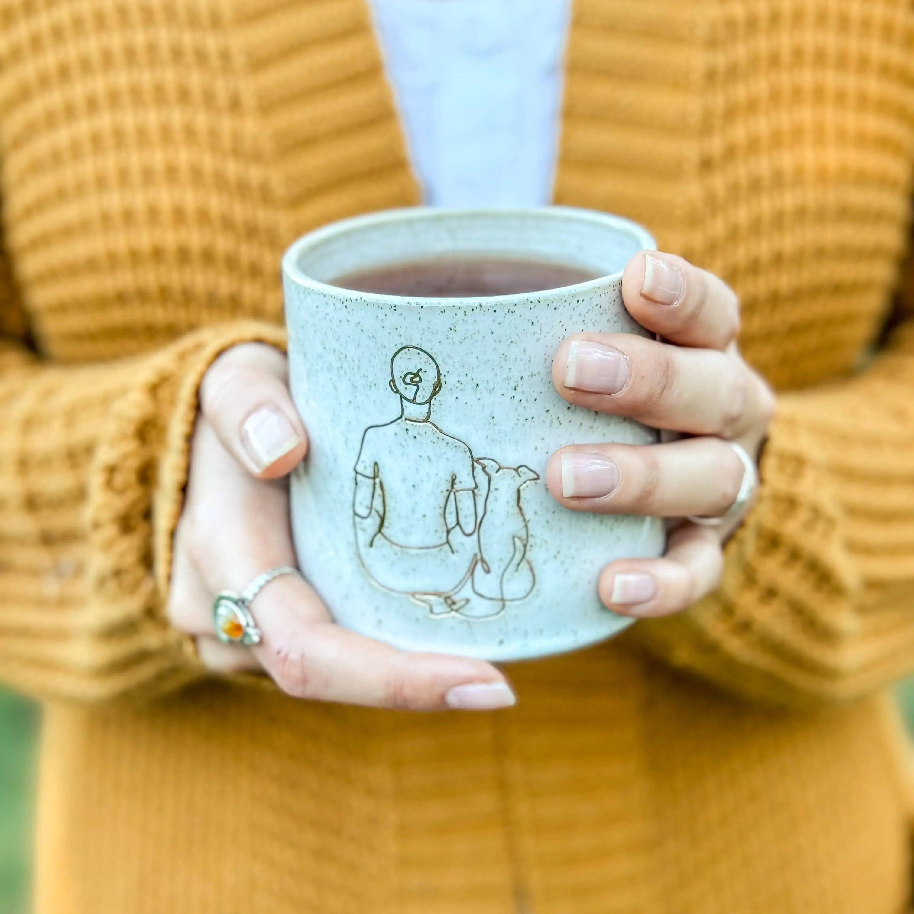Ceramic Mug - Girl sitting with small dog: Without handle Wolf and Clay Pty Ltd