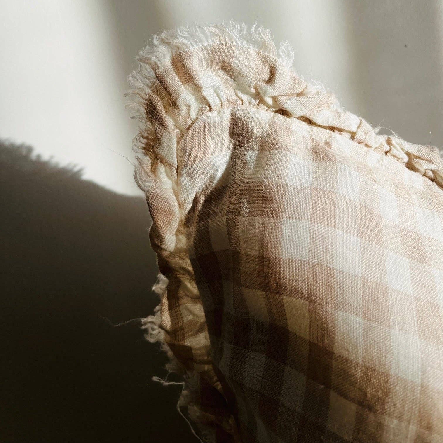Pure French Linen Frayed Edge Ruffle Cushion Cover - Beige Gingham Mama and Tochter