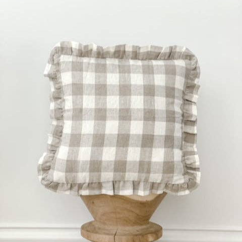 Linen Ruffle Cushion - Natural Gingham Mama and Tochter
