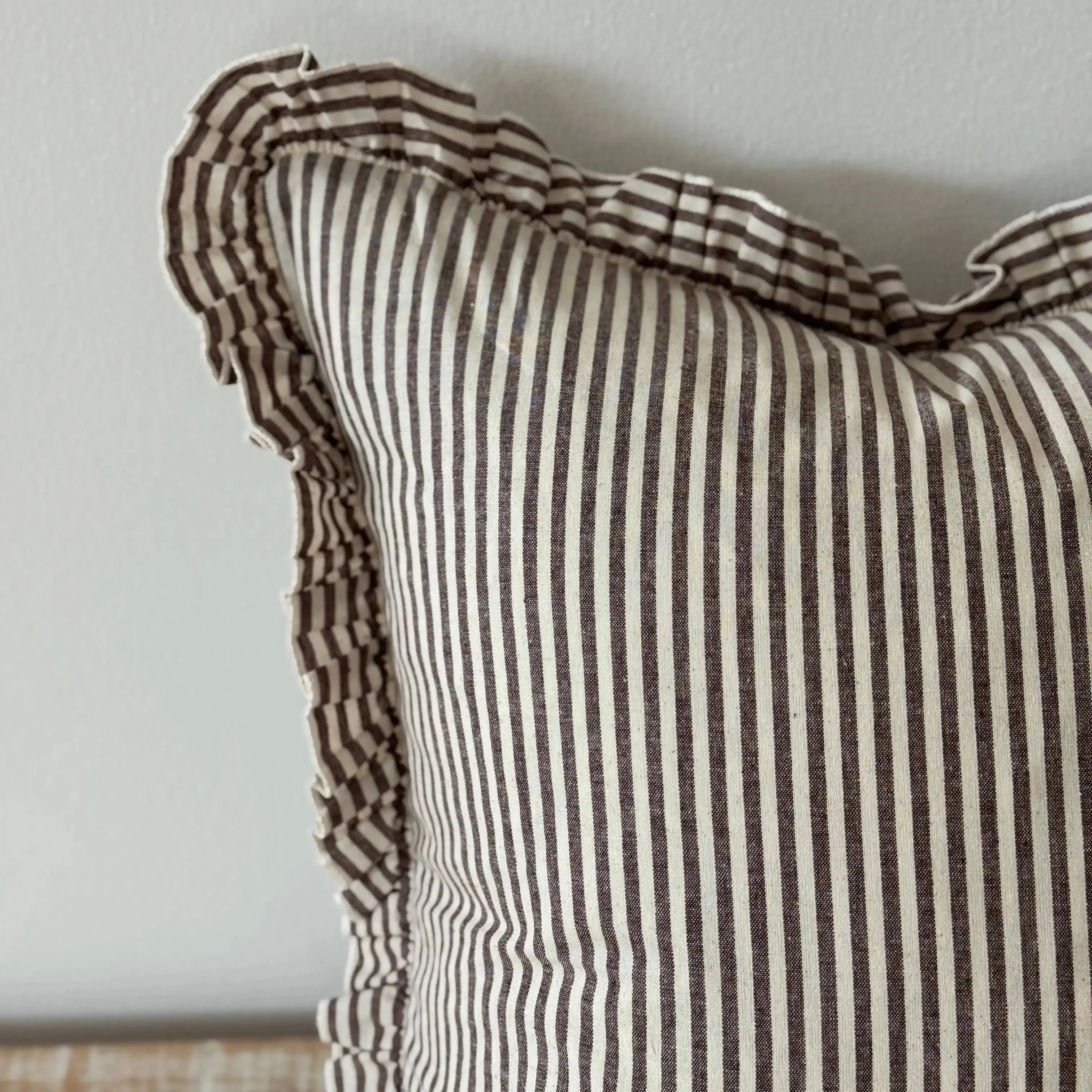 Darcy Ruffle Cotton Cushion Cover 65 x 65 cm – Dark Brown Stripe Ellenvale Trade