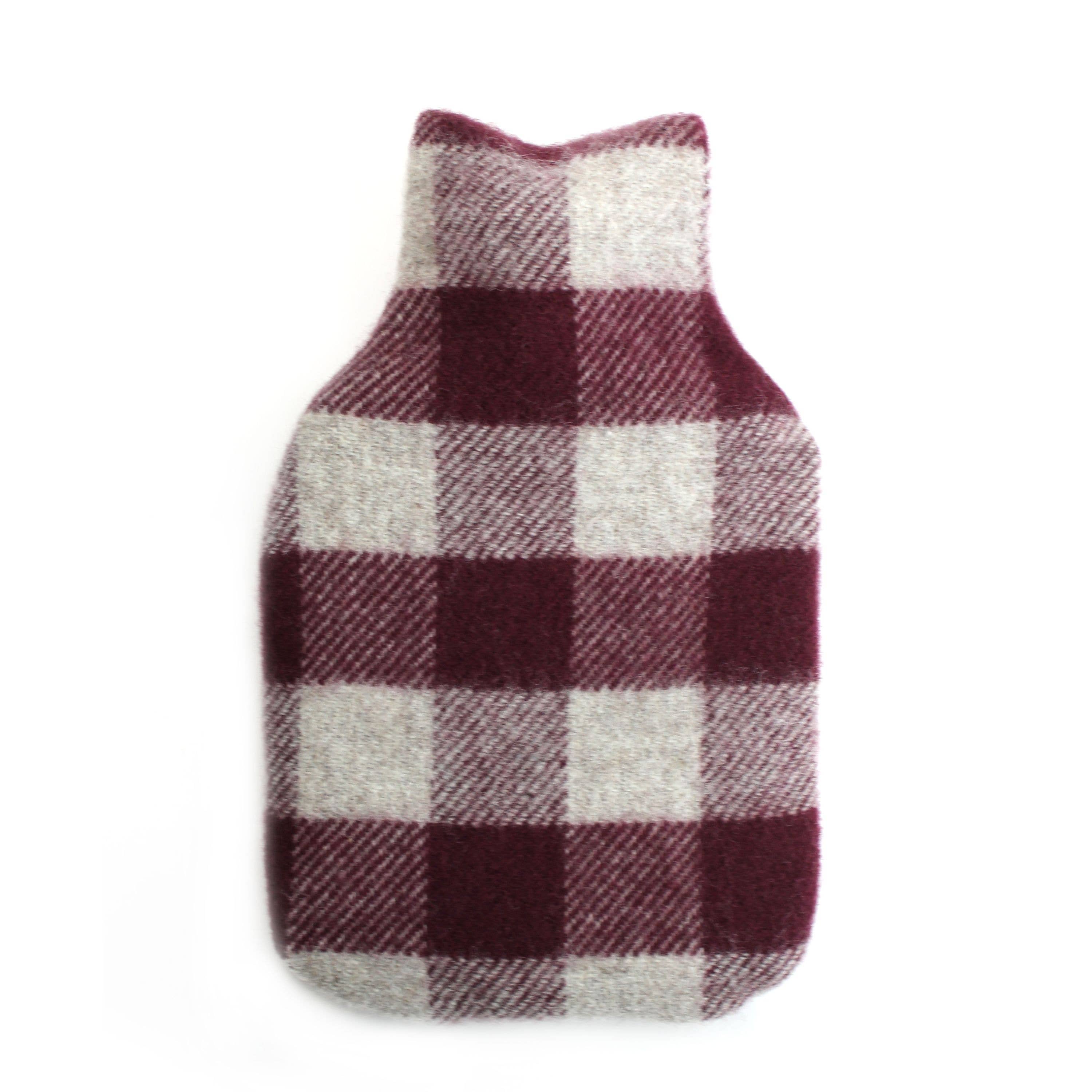 Pure New Wool Hot Water Bottle - Burgandy Check (Includes Cover & Bottle)