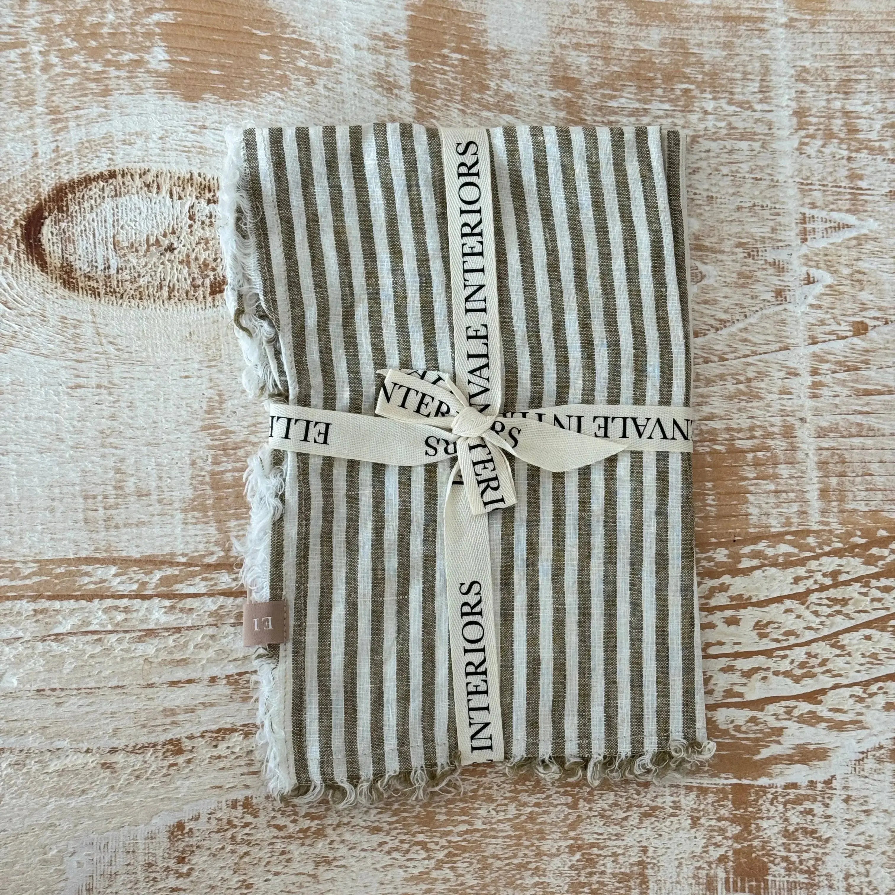 Olive Stripe Linen Napkins – Set of 4 (30 × 30 cm) Ellenvale Trade