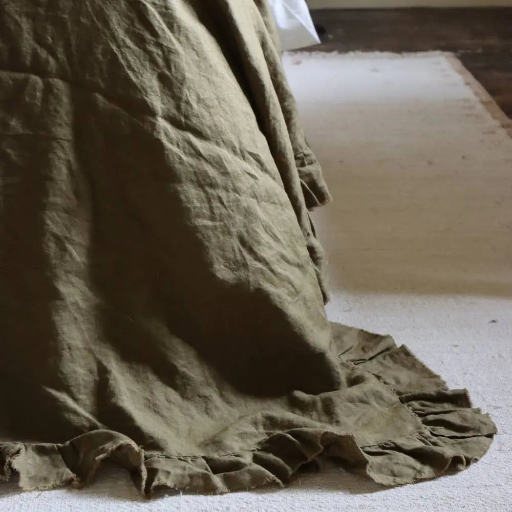 Olive Ruffle Linen Bedspread – 235 x 235 cm Ellenvale Trade