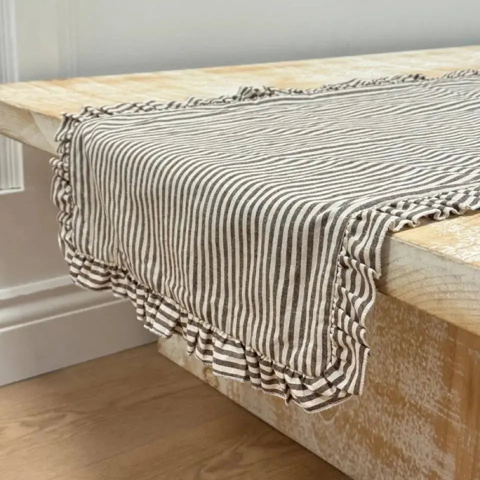 Dark Brown Stripe Ruffle Table Runner – 230 × 35 cm Ellenvale Trade