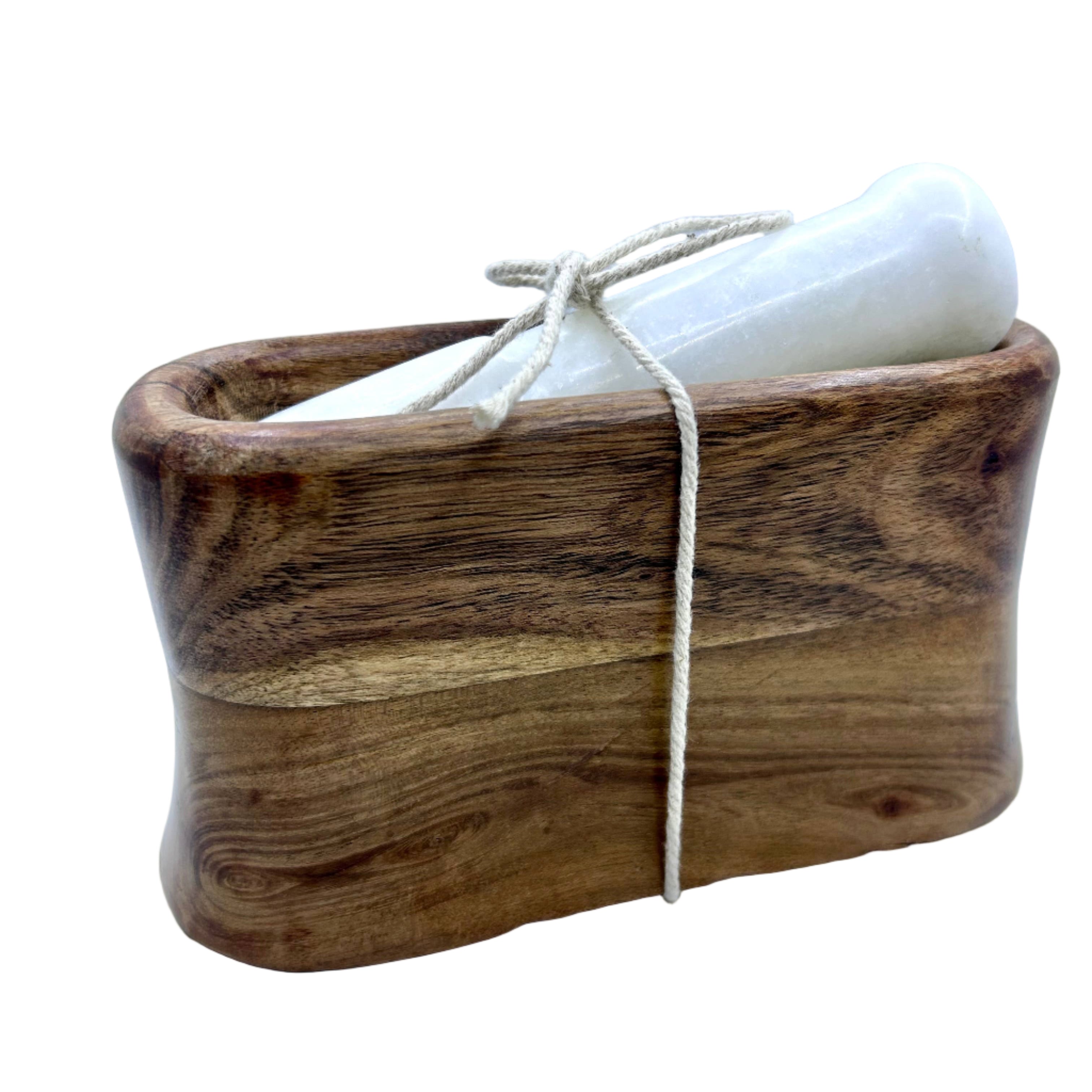 Gift Set - White Marble Mortar and Acacia Wooden Pestle Rich Home Linens