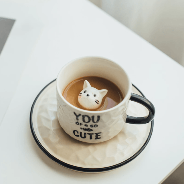 Cat Ceramic Mug with Saucer: White Homerely