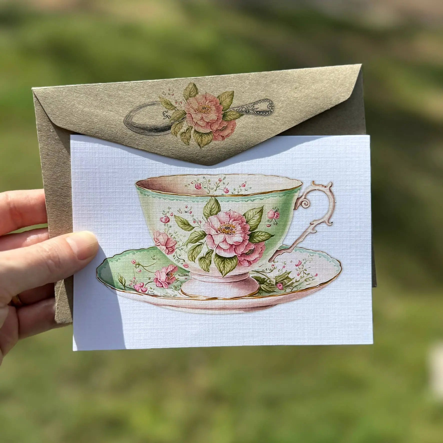Vintage Teacup blank greeting card - Light Green & Pink Scattered Seed Co