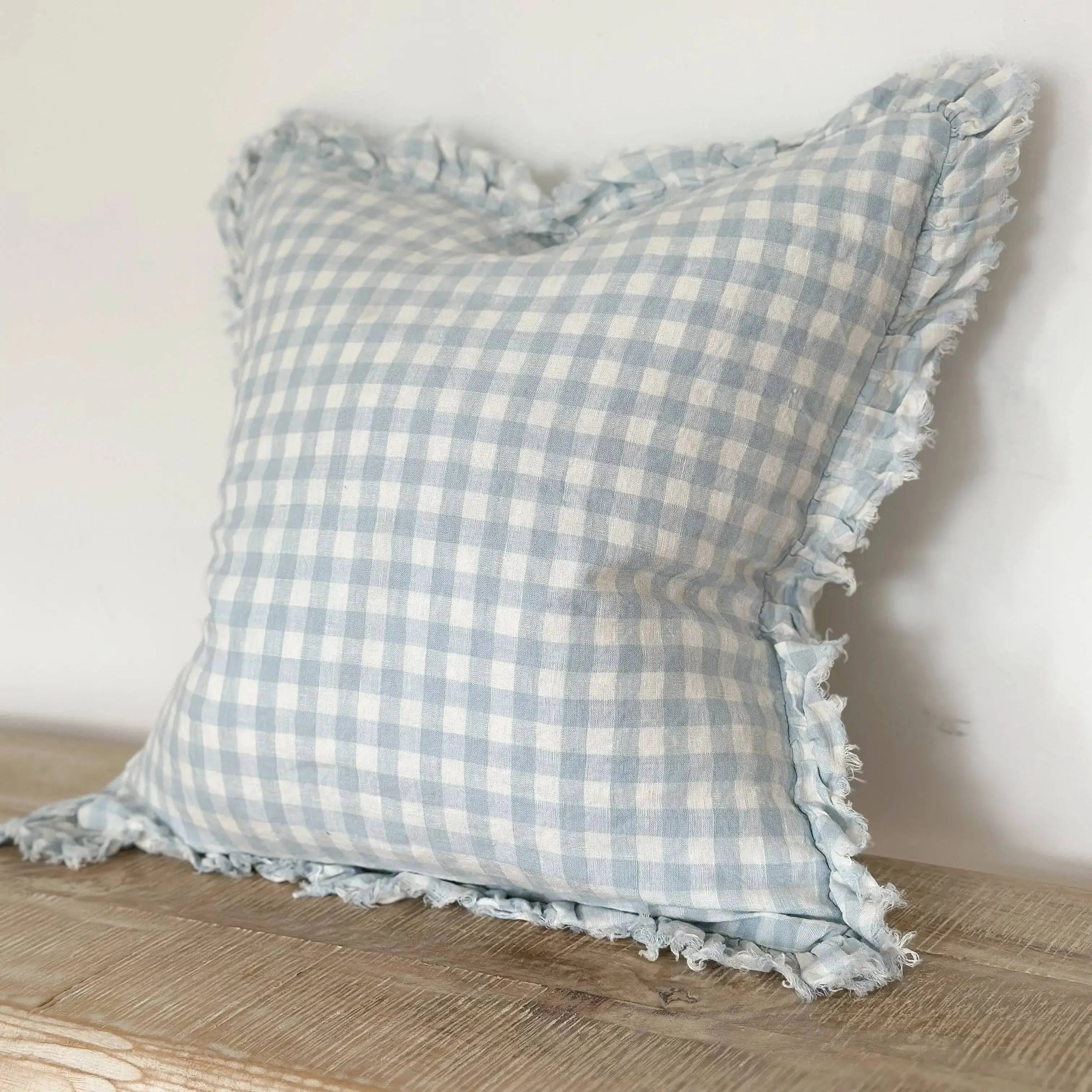 Hallie Ruffled Linen Cushion Cover 45x45 – Blue Gingham Ellenvale Trade
