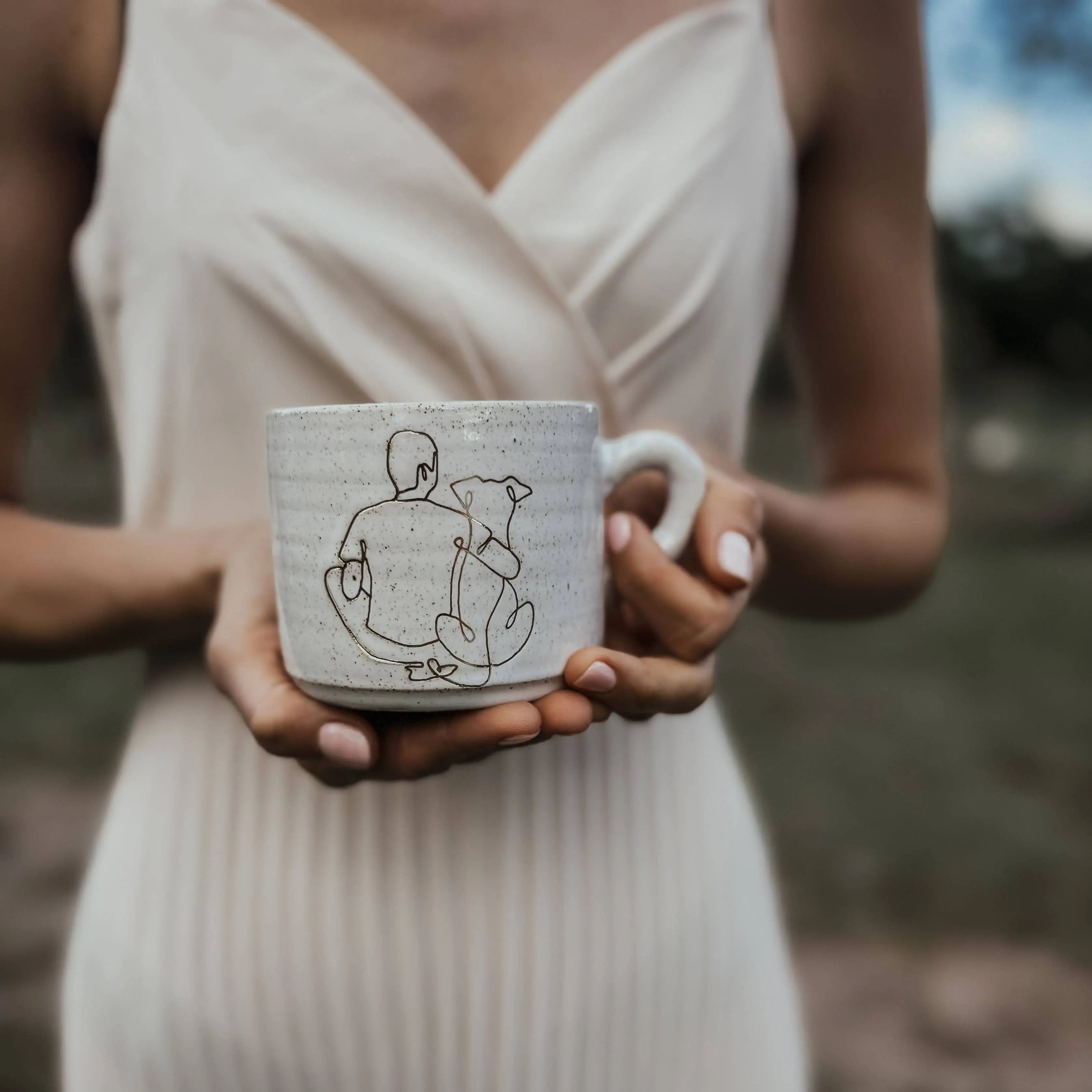 Guy hugging Dog - Ceramic Handmade Mug - Right-Handed Design Wolf and Clay Pty Ltd