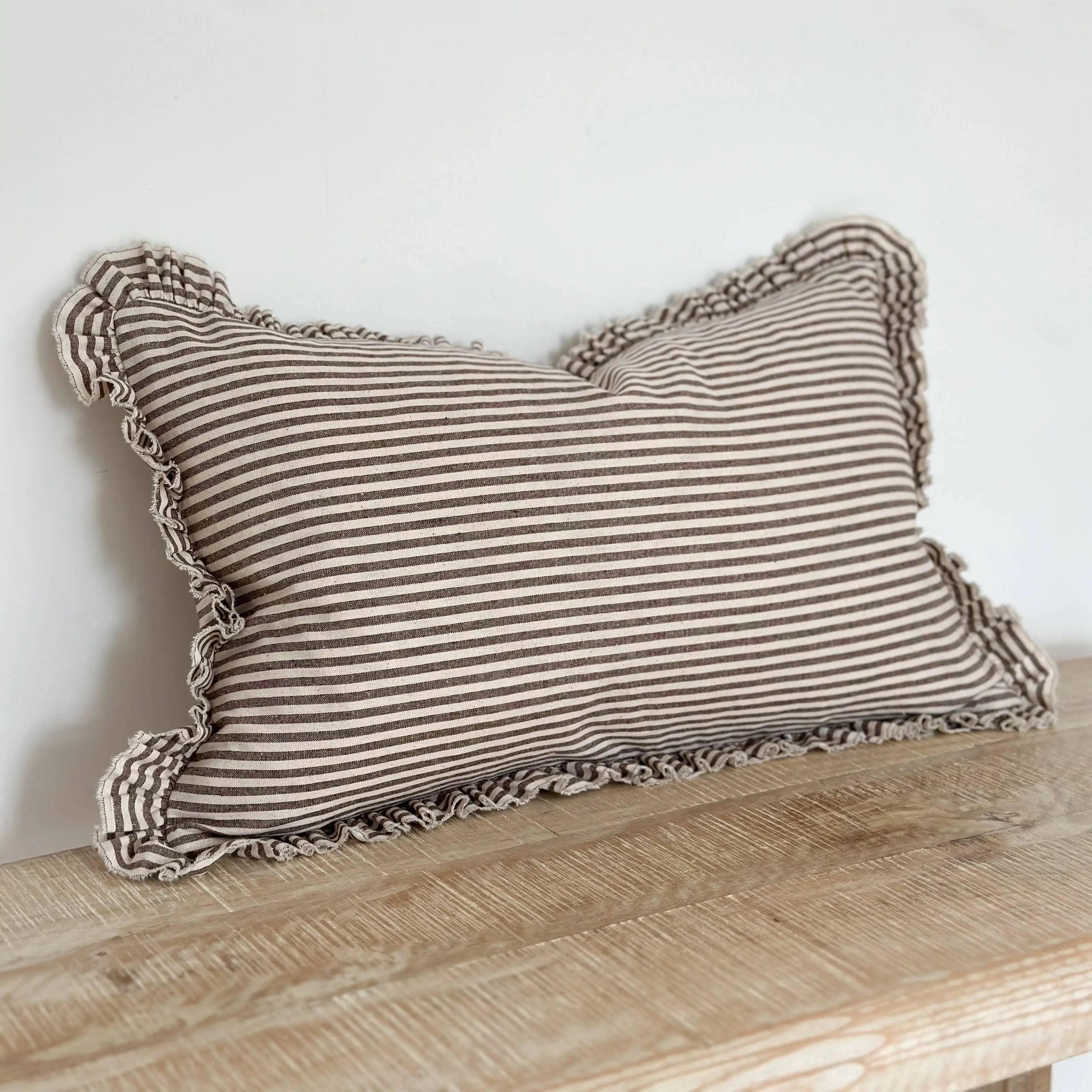 Darcy  Ruffle Cotton Cushion Cover 50x30 – Dark Brown Stripe Ellenvale Trade