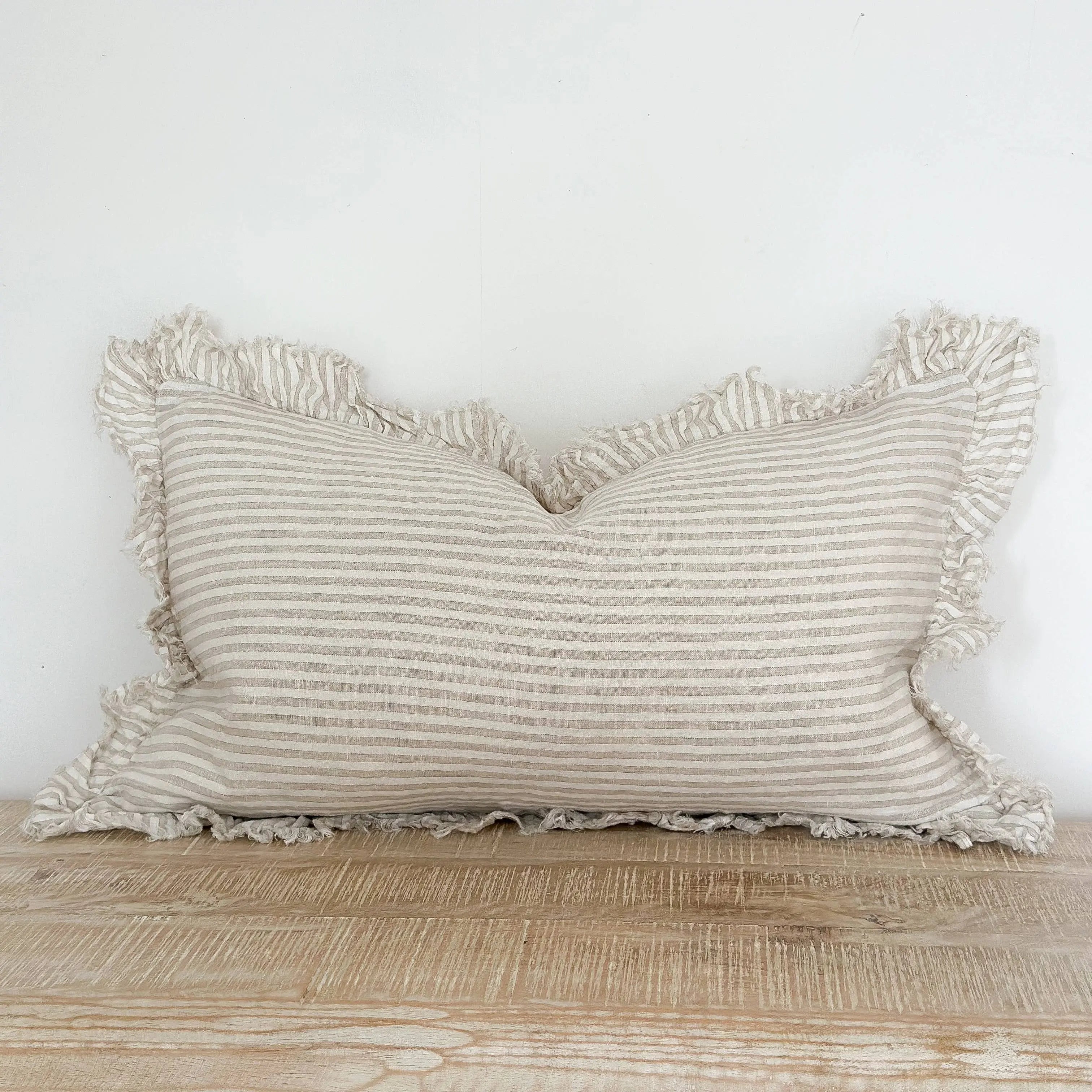 Hallie Ruffled Linen Cushion Cover – Natural Beige Stripe 50 x 30 cm Ellenvale Trade