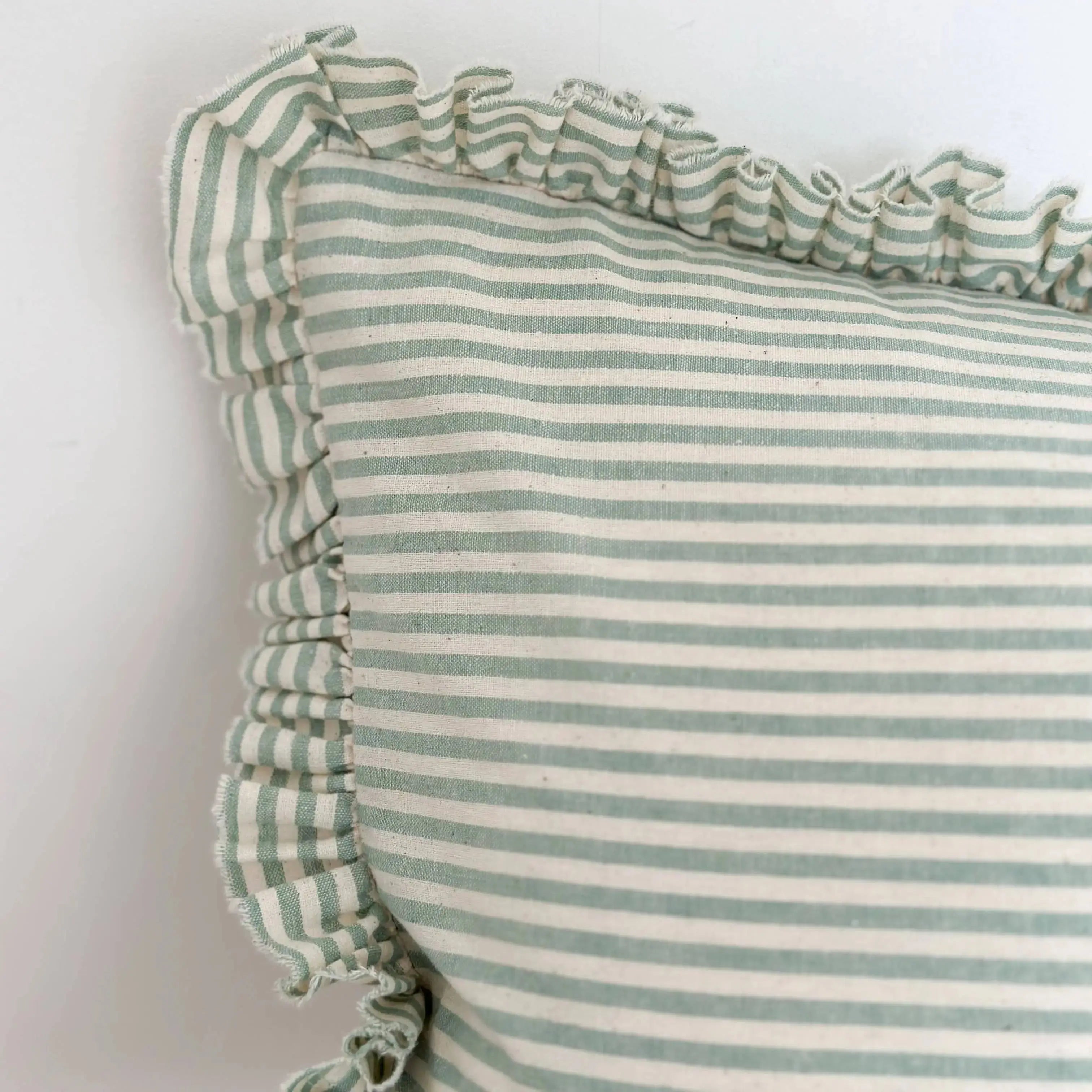 Darcy Ruffle Cotton Cushion Cover 50x30 – Sage Green Stripe Ellenvale Trade