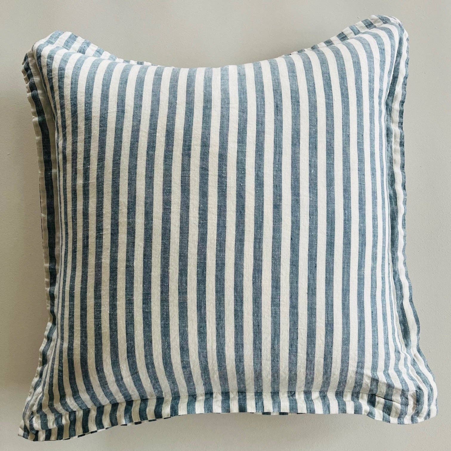 Pure French Linen Cushion Cover with Flange Detail - Stone Blue Stripe Mama and Tochter
