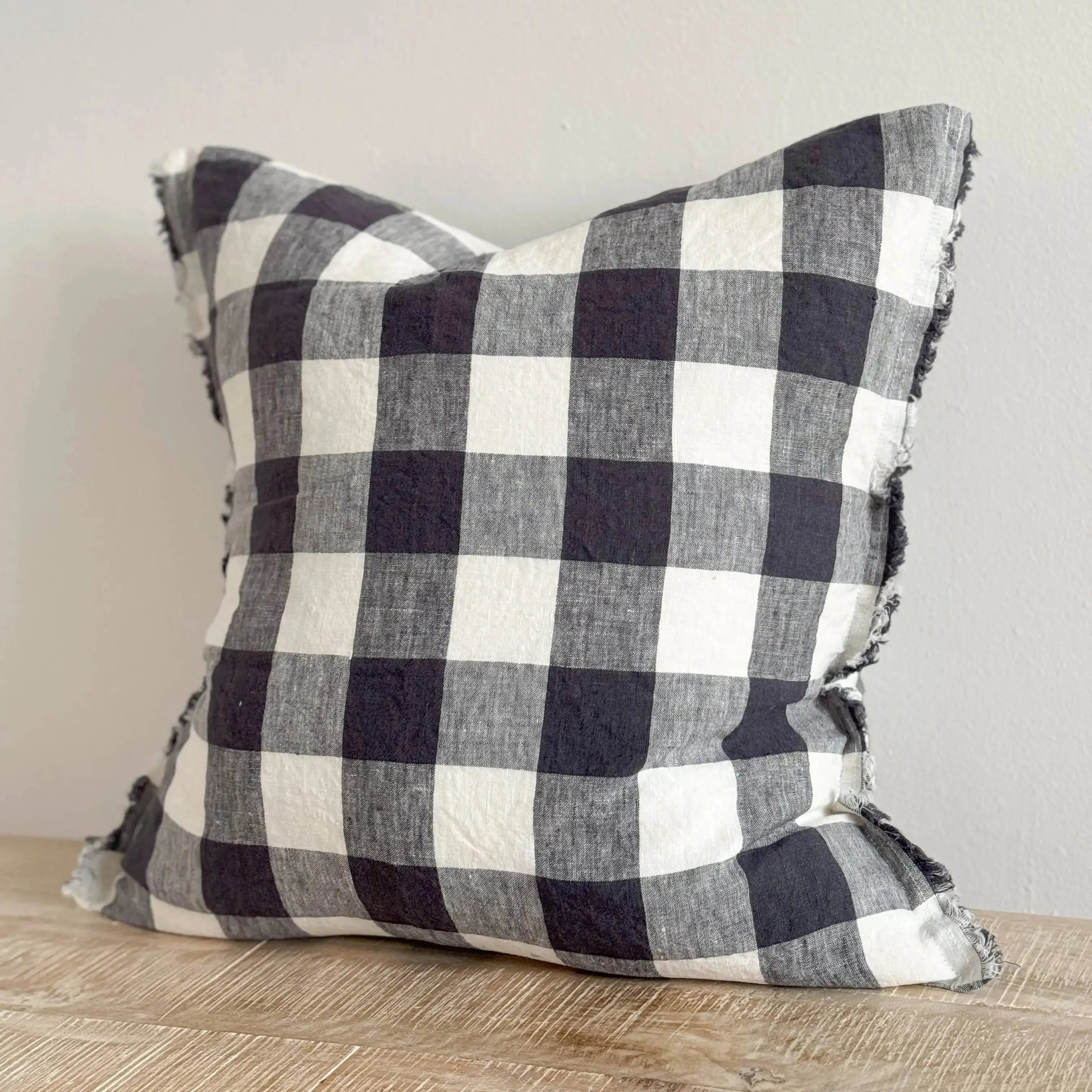 Esmee Fringed Linen Cushion Cover 45x45 – Navy Check Ellenvale Trade